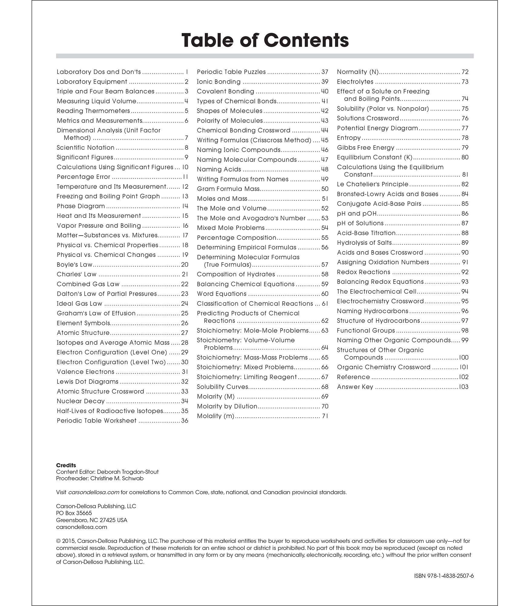 Carson Dellosa The 100 Series Chemistry Workbook, Science Book for Grades 912, Periodic Table, Atomic Structure, Scientific Not,New