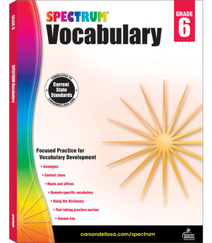Spectrum Grade 6 Vocabulary Workbook, Middle School Books Covering Analogies, Roots and Affixes, Dictionary Skills, Reading Comp,New