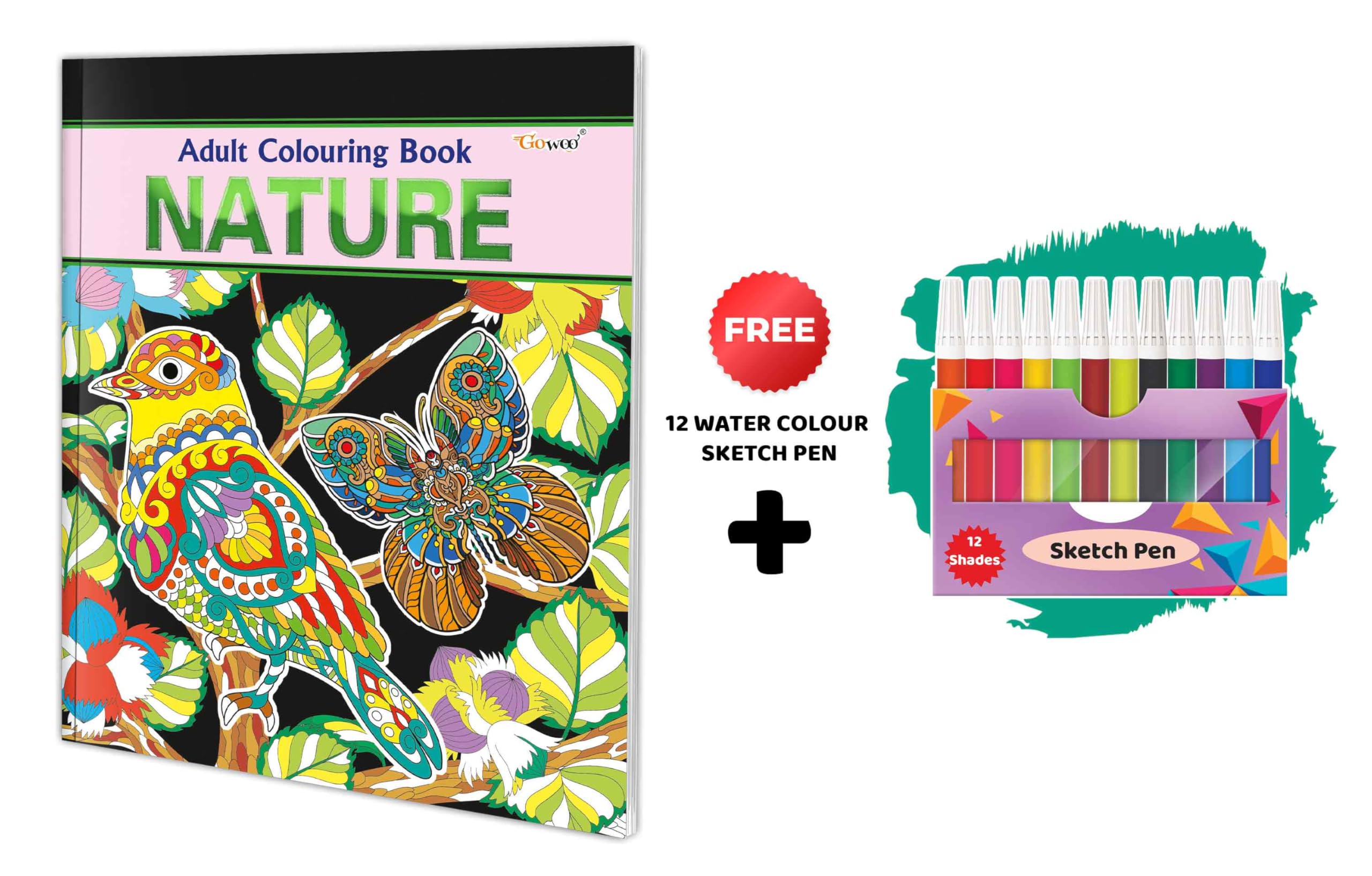 Nature - Adult Colouring Book With 12 Water Colour Sketch Pen : Creative Coloring For Adults, Relaxing Coloring Art, Creative Coloring Fun, Coloring Book For Adults