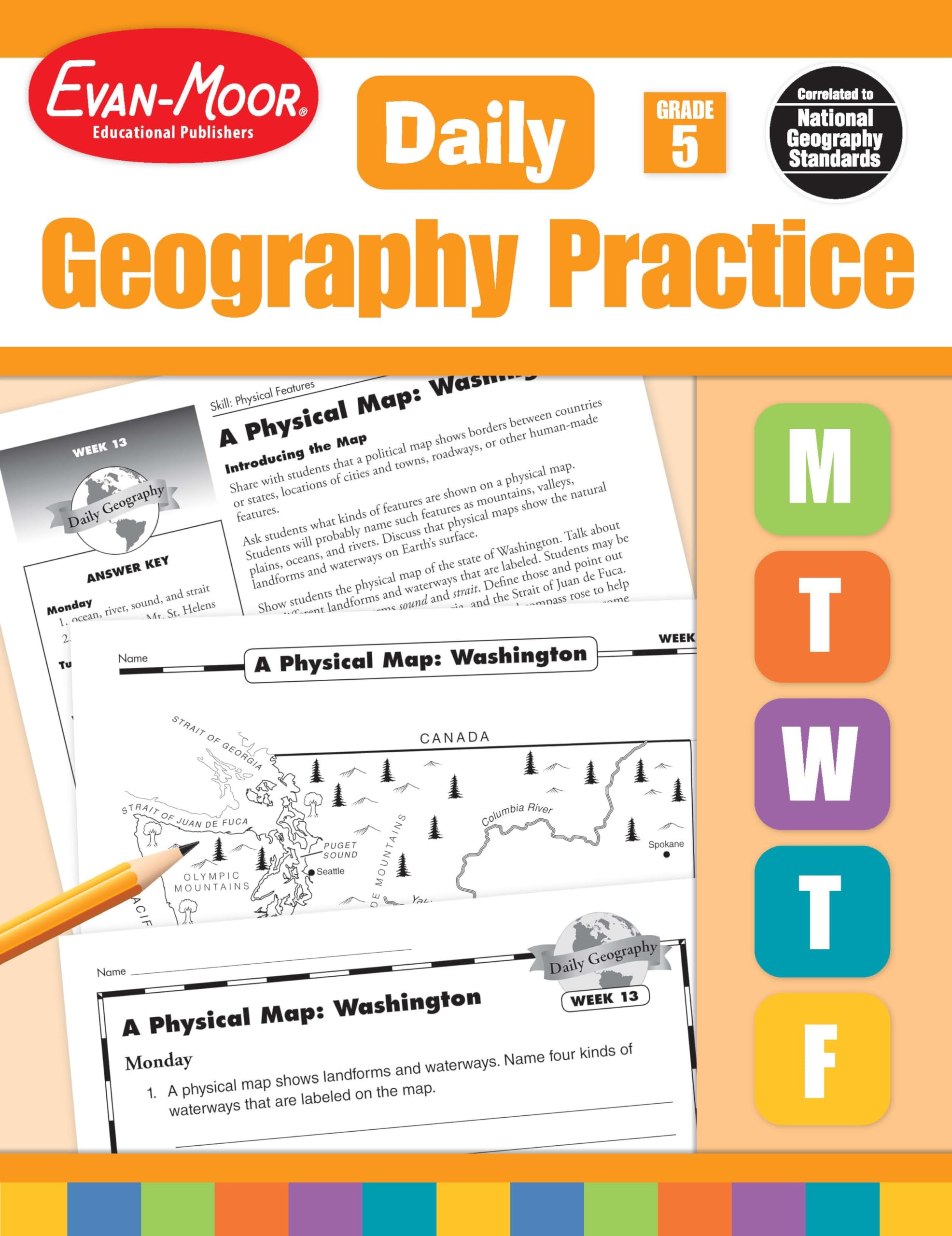 EvanMoor Daily Geography Practice, Grade 5, Homeschooling and Classroom Resource Workbook, Reproducible Worksheets, Teaching Ed,Used