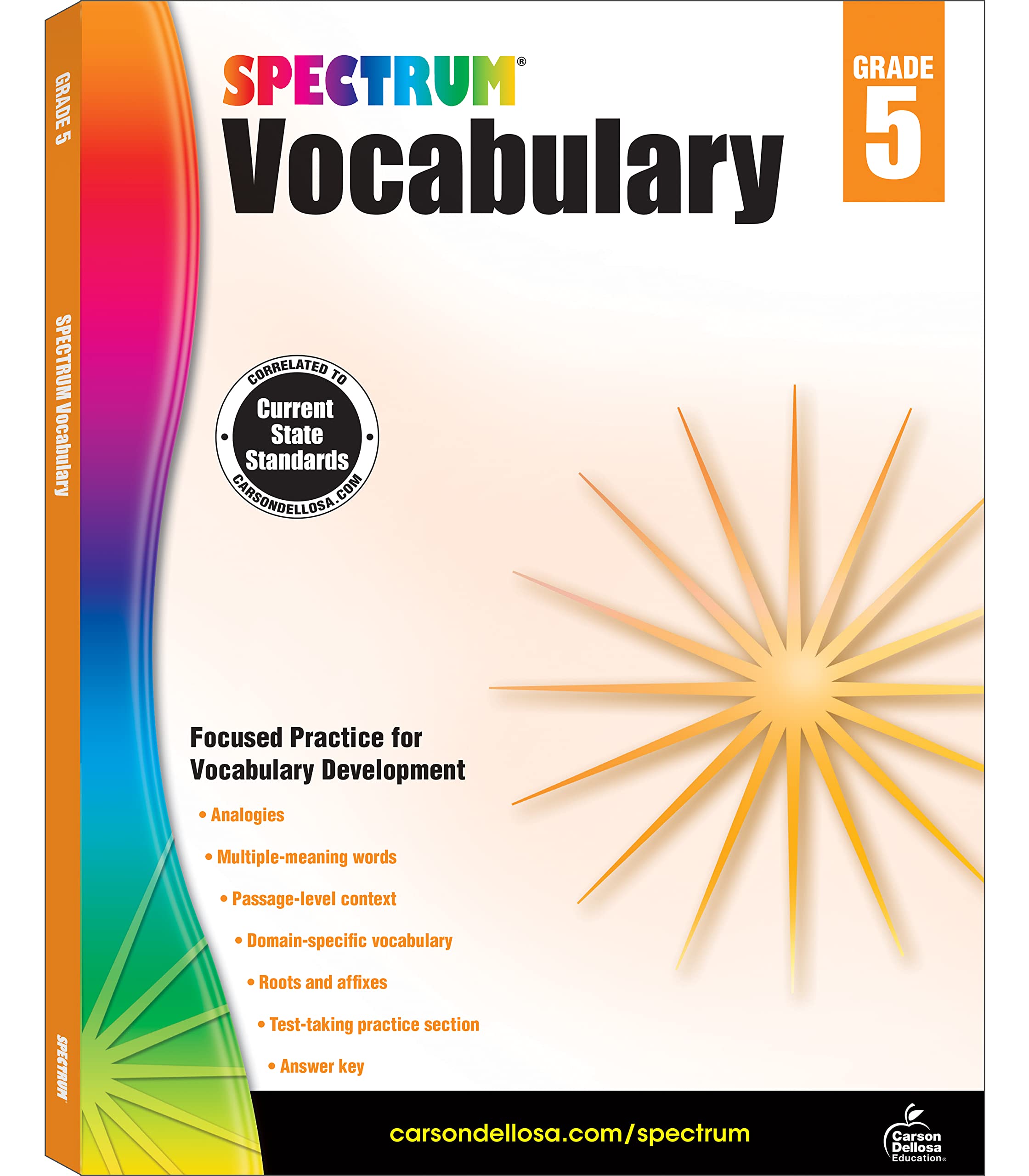 Spectrum Grade 5 Vocabulary Workbook, Language Arts Book Covering Analogies, Roots and Affixes, Sensory Words, Reading Comprehen,Used