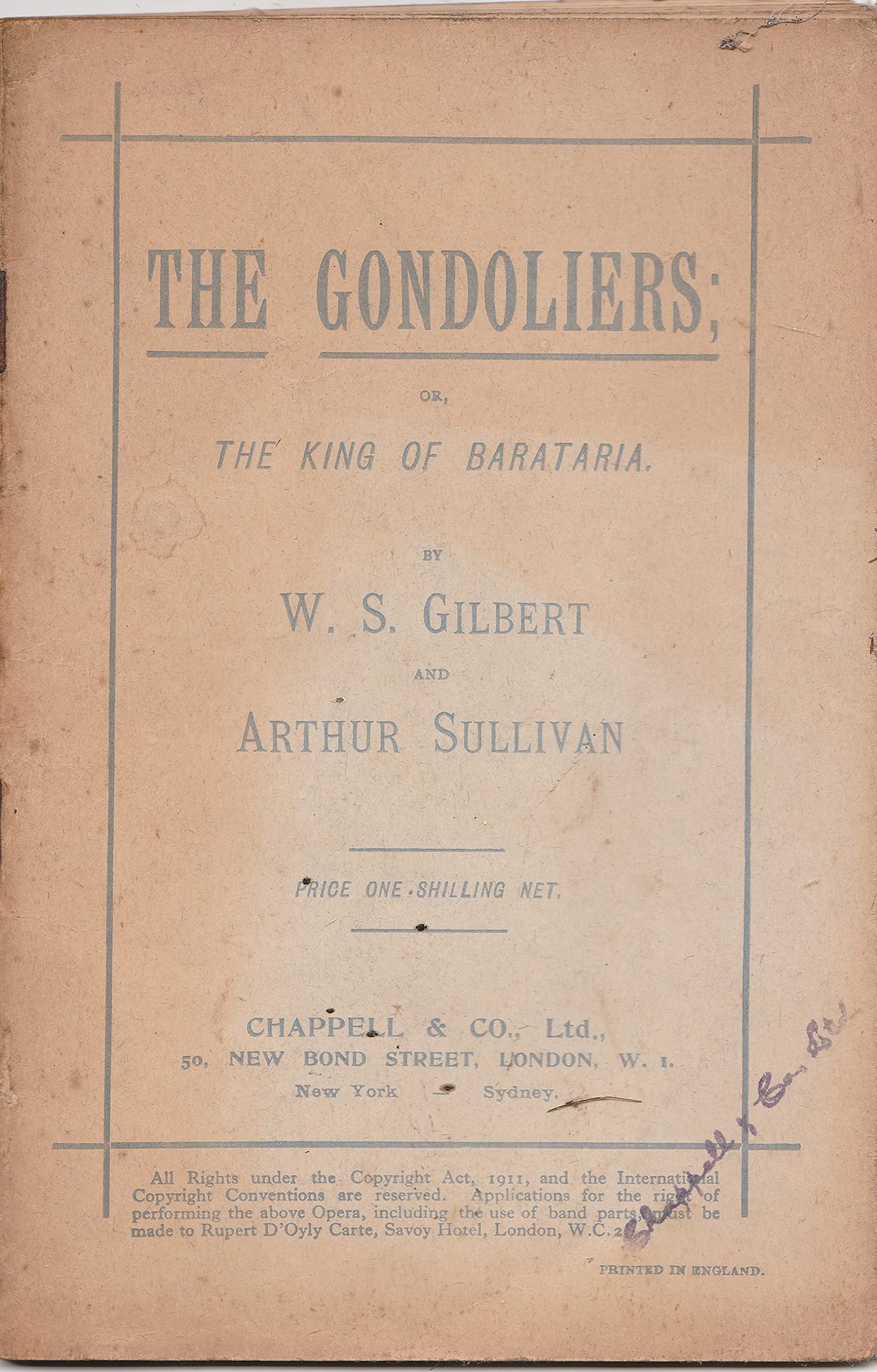 G. Schirmer Edition of the Gondoliers: or the King of Barataria (Vocal Score),New