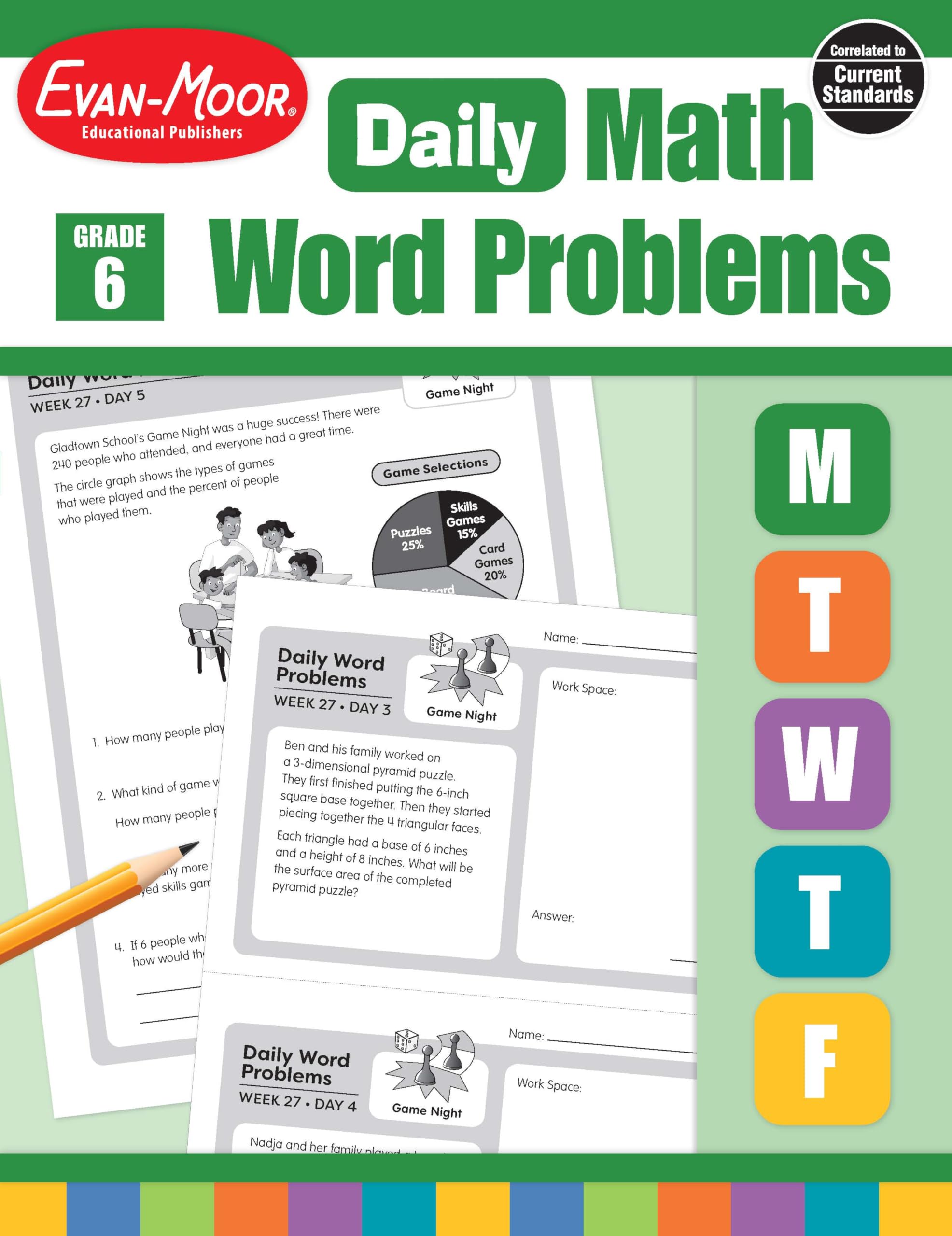 EvanMoor Daily Word Problems, Grade 6, Homeschooling & Classroom Resource Workbook, ProblemSolving Real Life Math Skills, Repr,Used