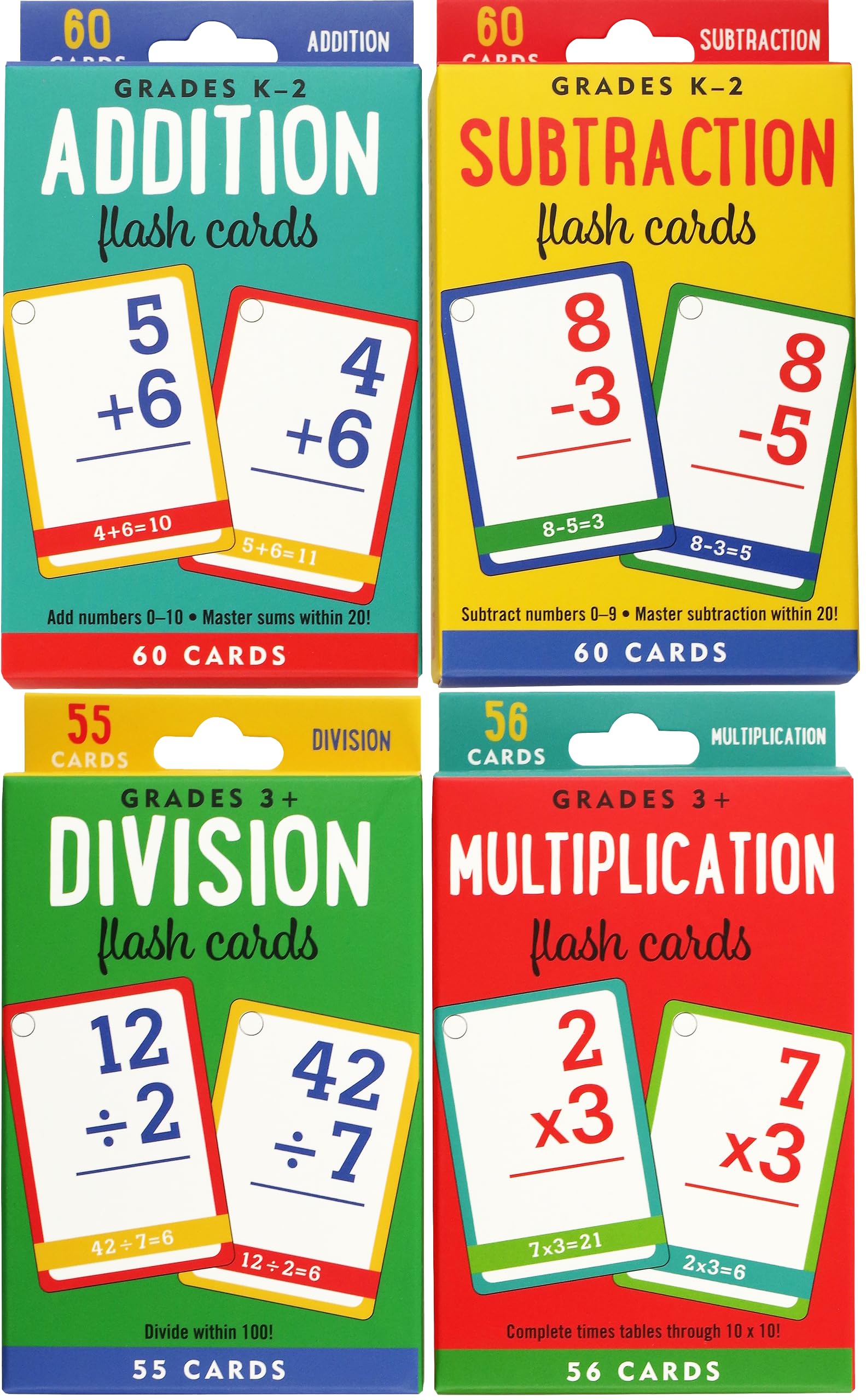 Essential Math Flash Cards Set  Addition, Subtraction, Multiplication, and Division (4 pack set),Used