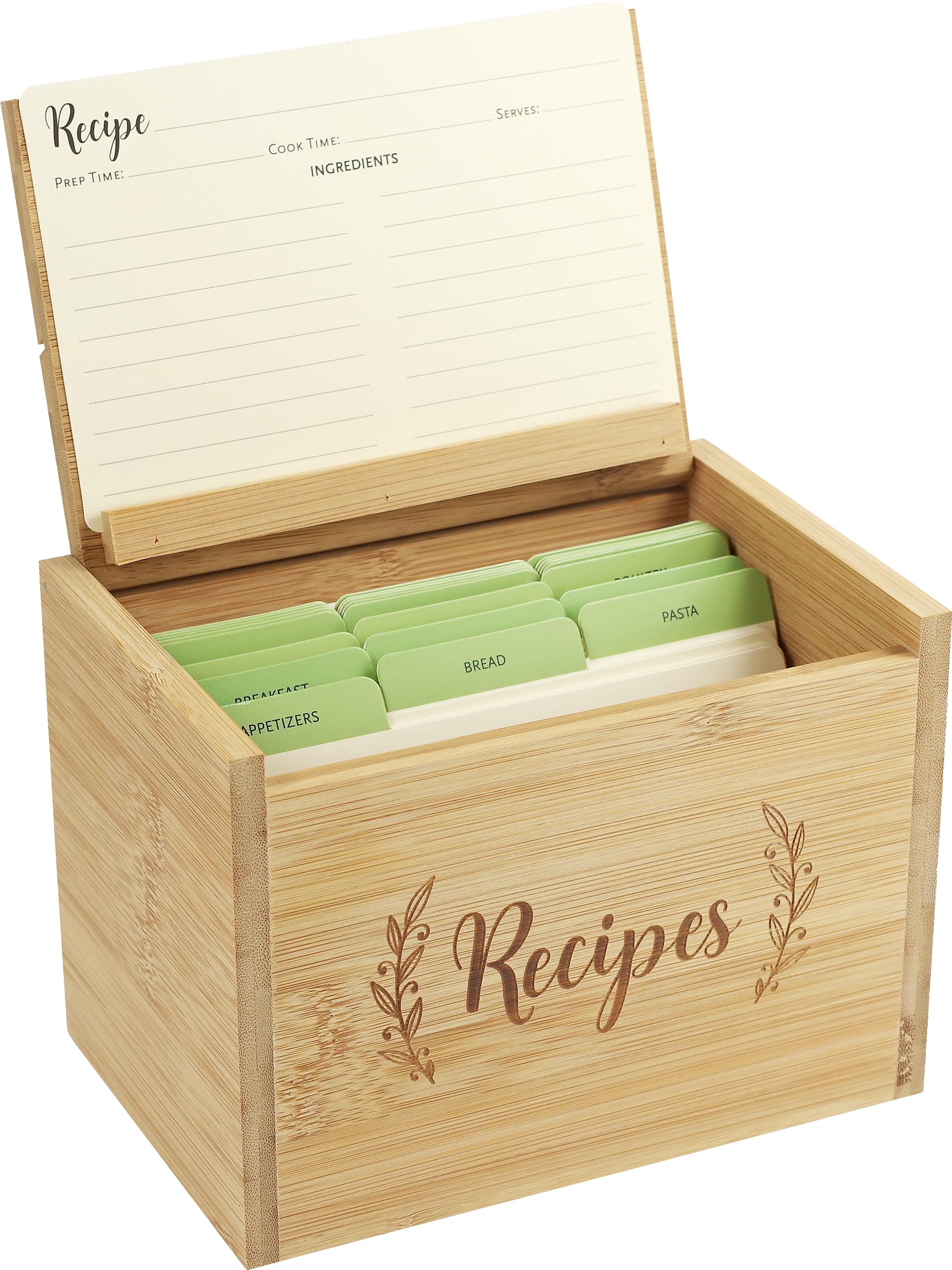 Bamboo Recipe Box Set (Includes 50 Recipe Cards And 24 Dividers)