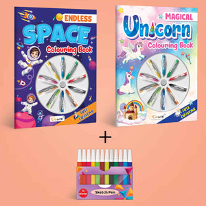 Magical Unicorn Colouring Book , Endless Space Colouring Book & 12 Water Colour Sketch Pen | Combo Of 2 | Artistic Harmony Set