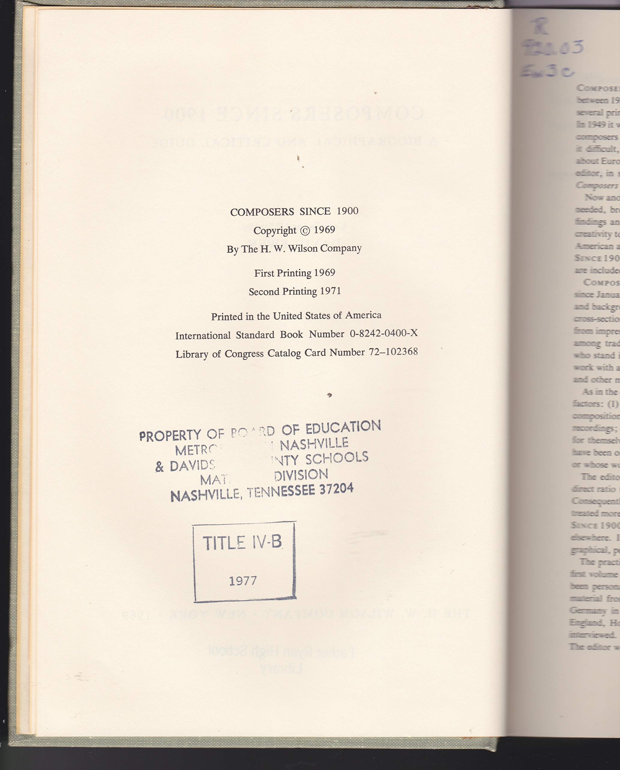Composers Since 1900; A Biographical and Critical Guide.,Used