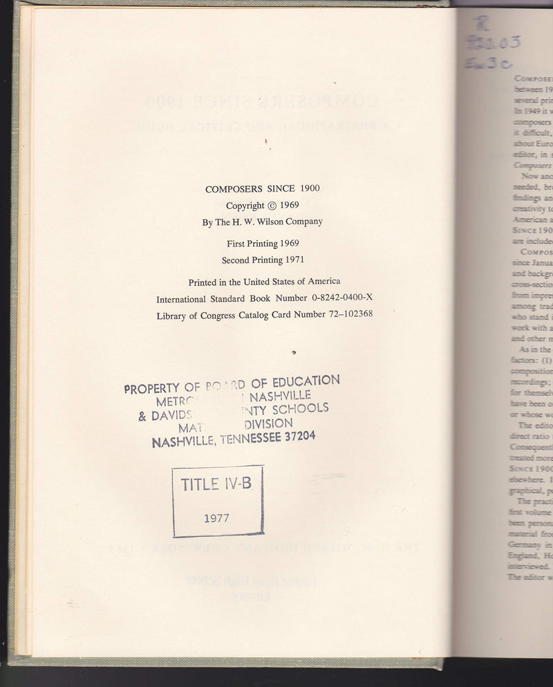 Composers Since 1900; A Biographical and Critical Guide.,Used
