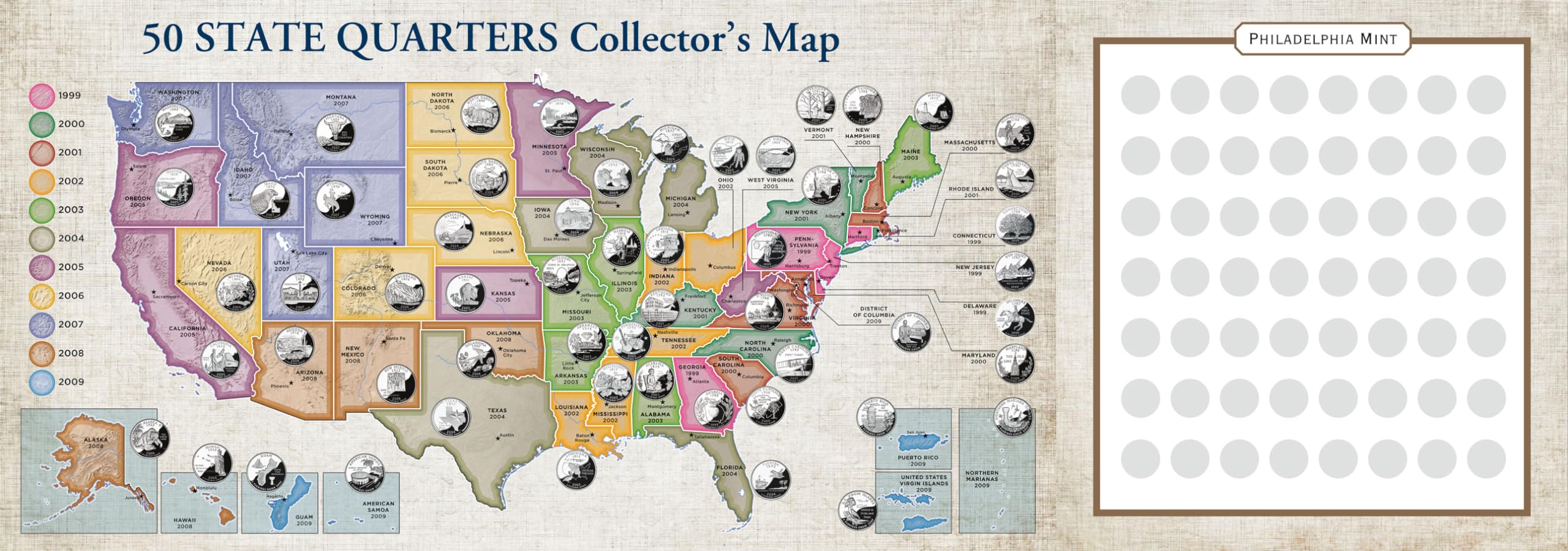 50 State Quarters Map (includes space for the Philadelphia and Denver mints!),New