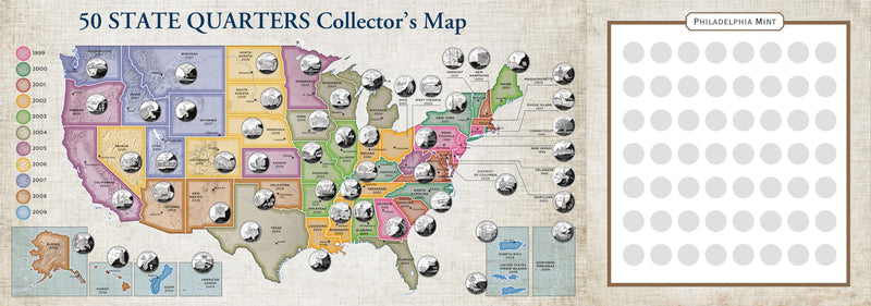 50 State Quarters Map (includes space for the Philadelphia and Denver mints!),Used