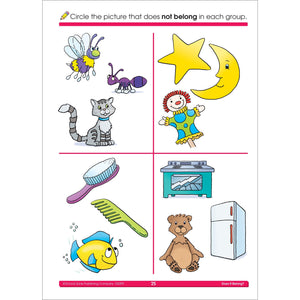 School Zone  Does It Belong? Workbook  32 Pages, Ages 3 To 5, Preschool To Kindergarten, Picture Puzzles, Grouping, Comparing ,Used