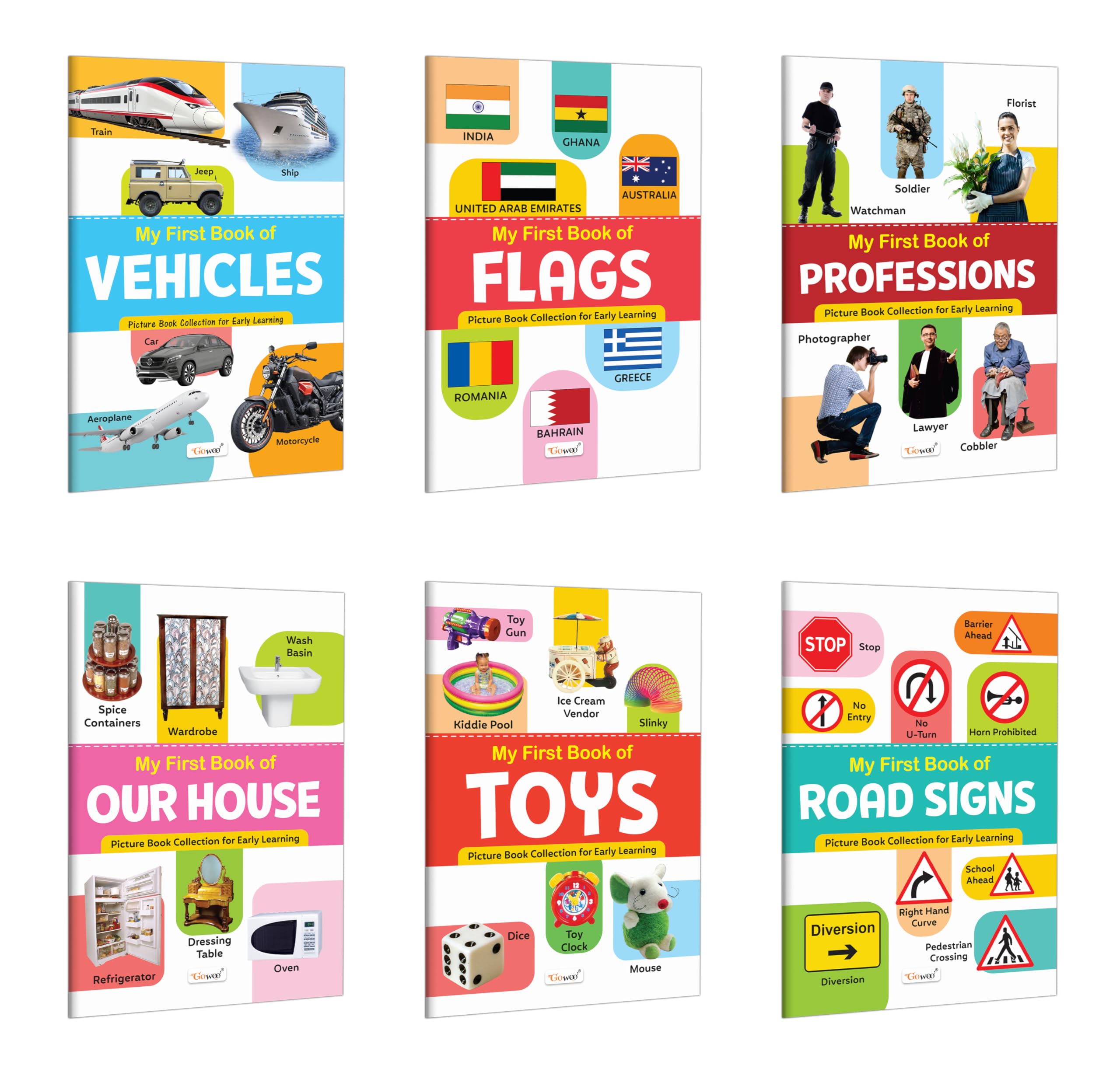 My First Book Of Vehicles, Flags, Professions, Our House, Toys And Road Signs :- Picture Book For Kids, Learning Book For Toddlers, Preschool Exploration Book | Combo Of 6 Books