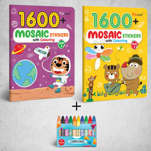 1600 Mosaic Stickers With Colouring - Book 3 & 4 With 10 Wax Crayons |Combo Of 2 | Colorful Connections: Stickers And Coloring Unleashed