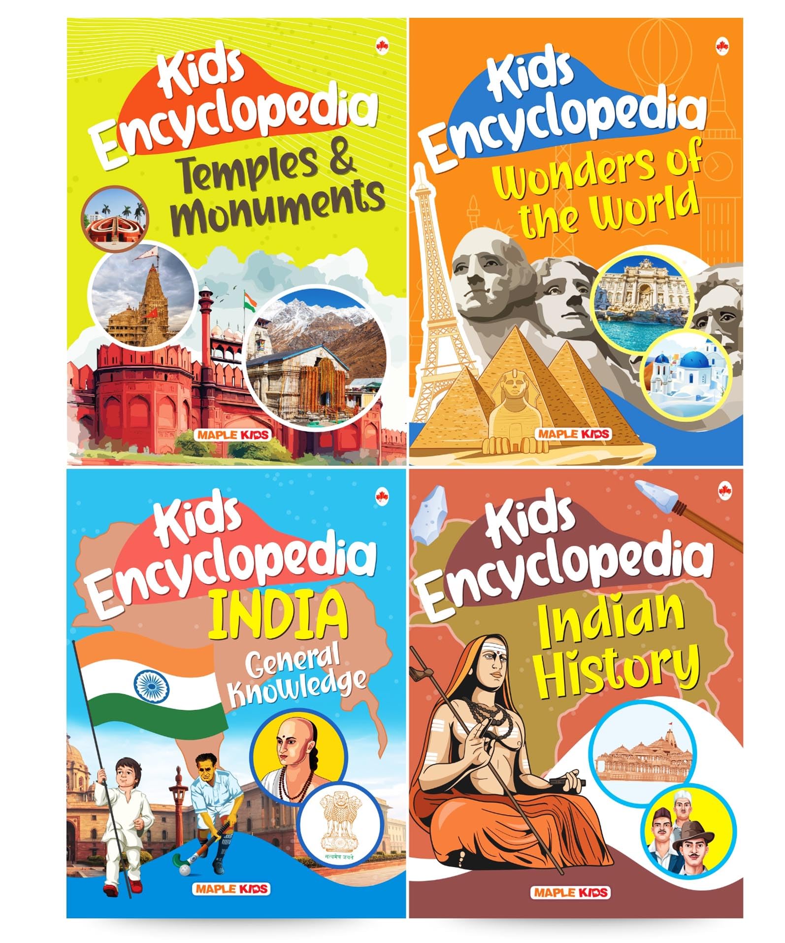 Kids Encyclopedia (Set Of 4 Books) - Temples & Monuments, Wonders Of The World, Indian History, India General Knowledge - Knowledge Books For Kids - Age 6+ - Gk For Kids