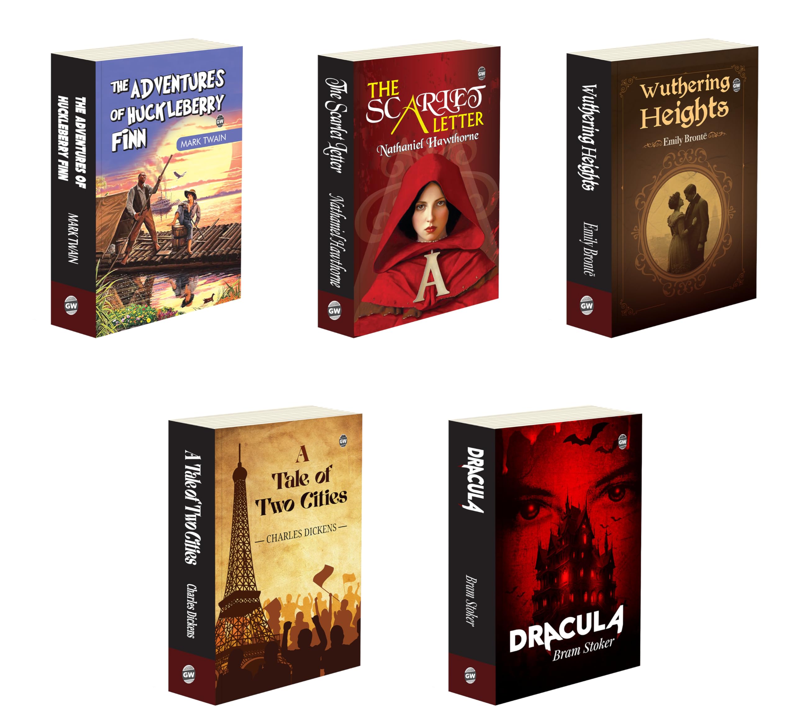 Timeless Classics : A Tale Of Two Cities, Dracula, Wuthering Heights, The Scarlet Letter And The Adventures Of Huckleberry Finn - Must-Read English Novel, All Time Best Novel | Combo Of 5 Novels