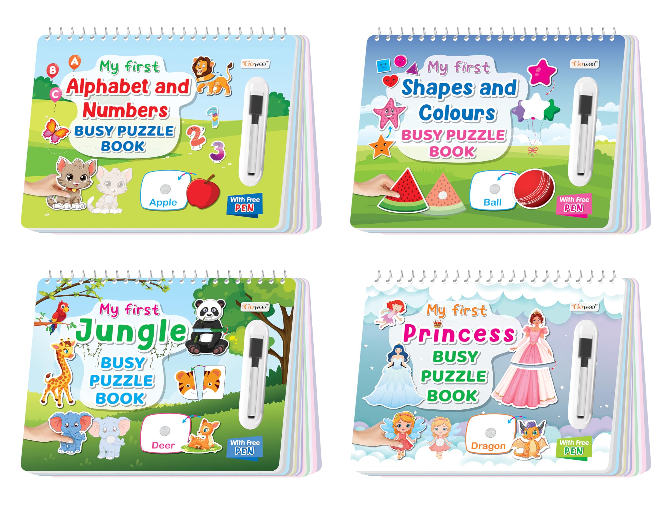 My First Alphabet And Numbers, Shapes And Colours, Jungle And My First Princess Busy Puzzle Book : Hook And Loop Montessori Book | Pack Of 4 Busy Puzzle Book