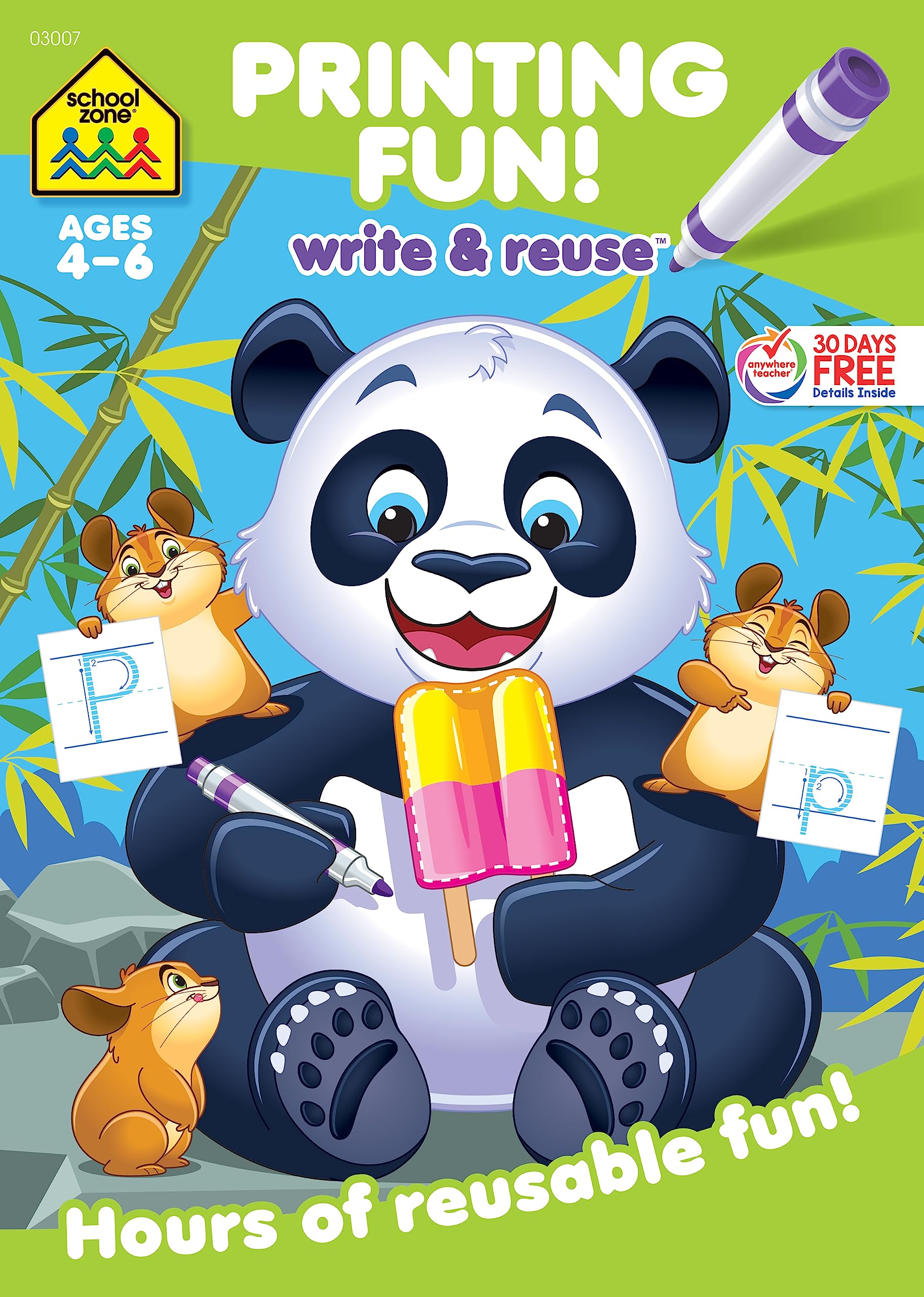 School Zone  Printing Fun! Write & Reuse Workbook  Ages 4 To 6, Preschool To Kindergarten, Tracing Letters, Prewriting, Wipe ,Used