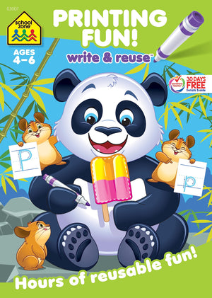 School Zone  Printing Fun! Write & Reuse Workbook  Ages 4 To 6, Preschool To Kindergarten, Tracing Letters, Prewriting, Wipe ,Used