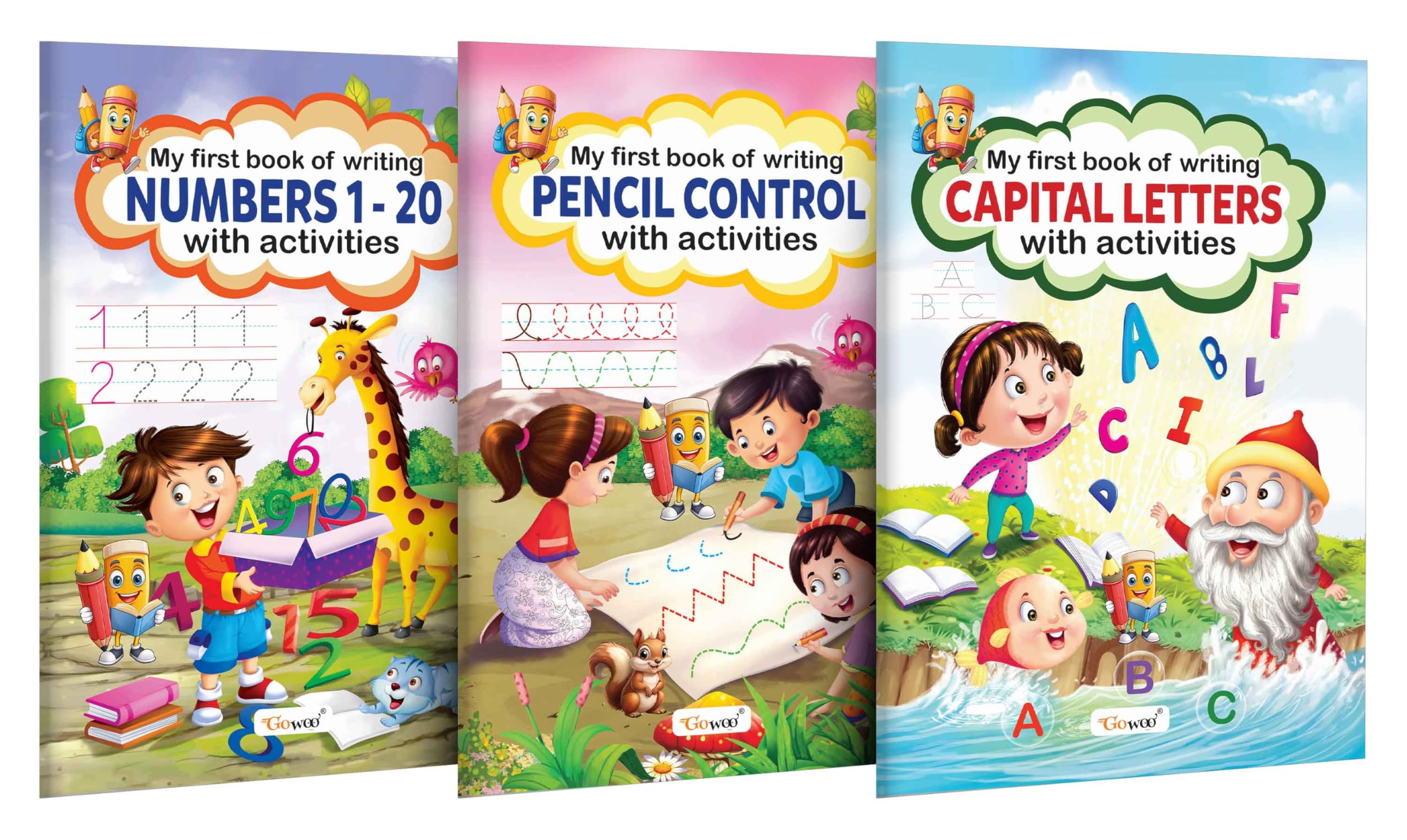 My First Book Of Writing Numbers 1-20, Pencil Control And Capital Letters With Activities : Educational Writing Book, Patterns Practice Book For Kids, Activity Book For Kids | Pack Of 3