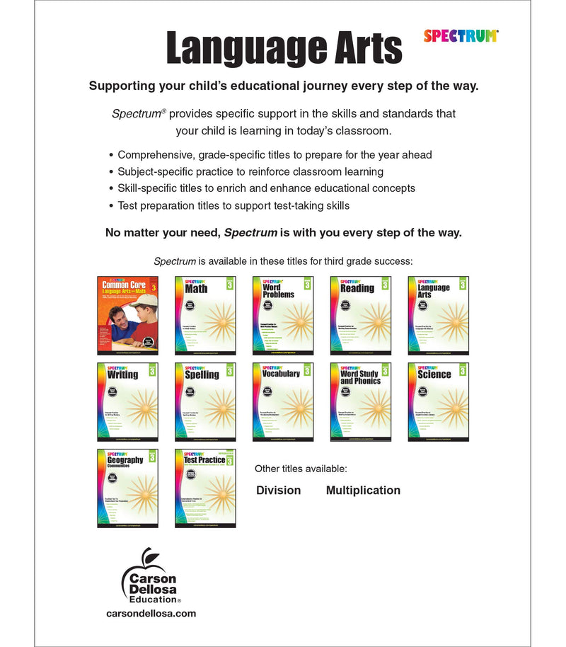 Spectrum Language Arts Grade 3, Grammar Workbook, Writing Practice, Punctuation Activity Book, Parts of Speech Books for Kids, 3,Used