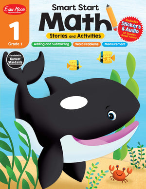 EvanMoor Smart Start Math, Grade 1 Workbook, Stickers, Audio Read Alouds, Stories and Activities, Learn Numbers, Counting, Meas,Used