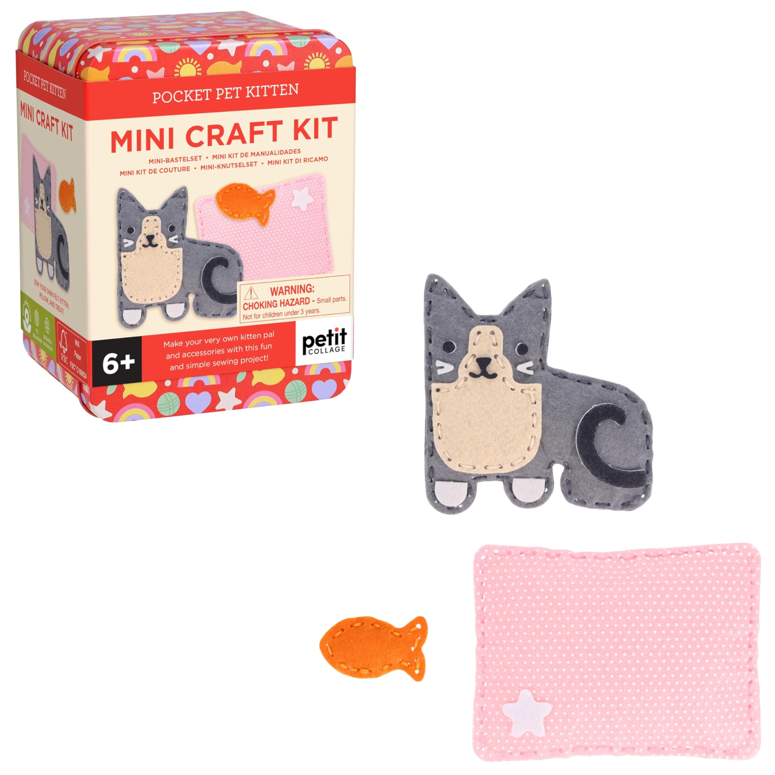 Petit Collage: Mini Craft Kit: Pocket Pet Kitten  Portable Felt Sewing Kit With Precut Pieces, Thread, Stuffing, ChildSafe Need