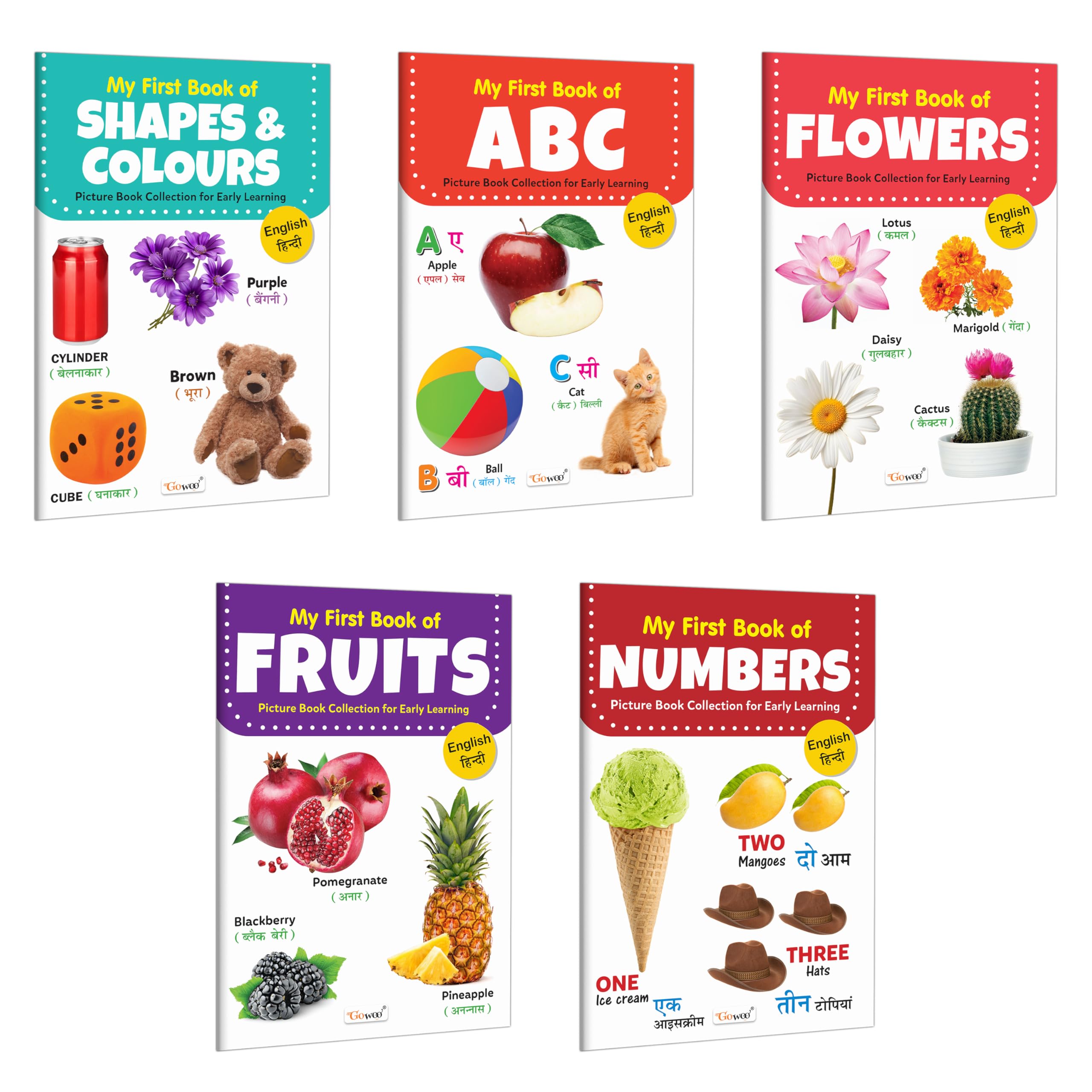 My First Book Of Abc, Numbers And More Books (Eng-Hindi) : My First Bilingual Book Series, Learning With Pictures Book, Tiny Learners Book Set | Set Of 5 Books