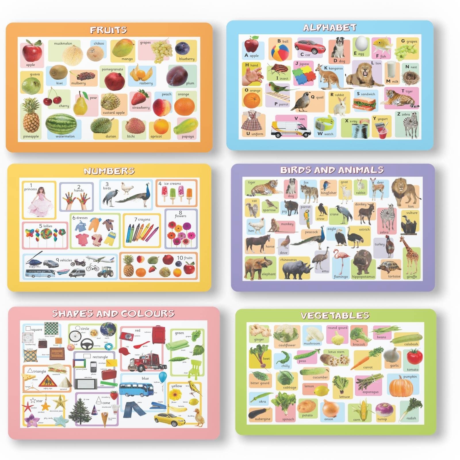 Early Learning Educational Charts Set For Kids | 43X28 Cm | Set Of 6 | Non-Tearable And Waterproof | Perfect For Homeschooling, Kindergarten And Nursery Students | Alphabet, Numbers, Birds, Animals, Fruits, Vegetables, Shapes And Colours