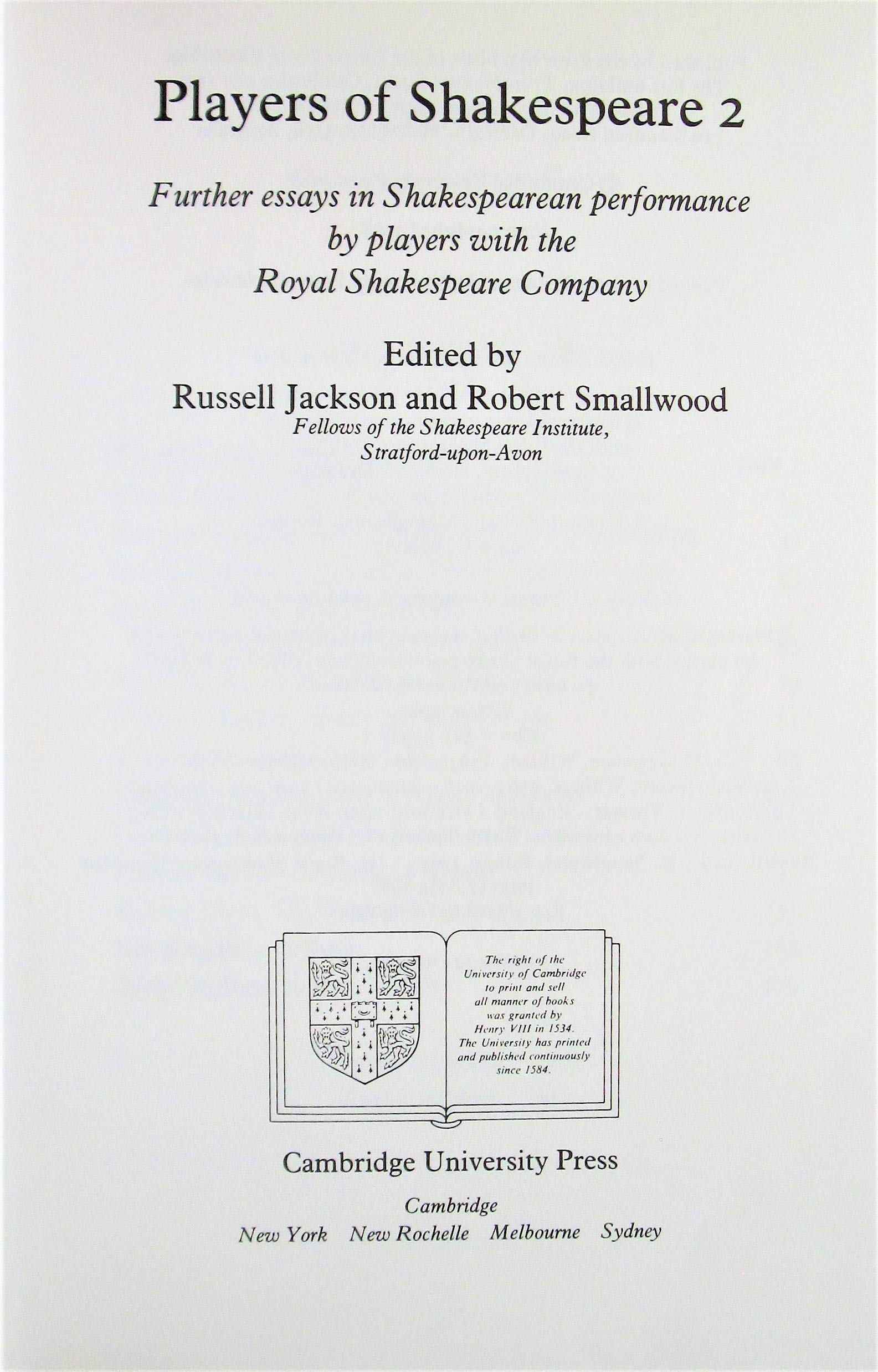 Players of Shakespeare 2: Further Essays in Shakespearean Performance by Players with the Royal Shakespeare Company,Used