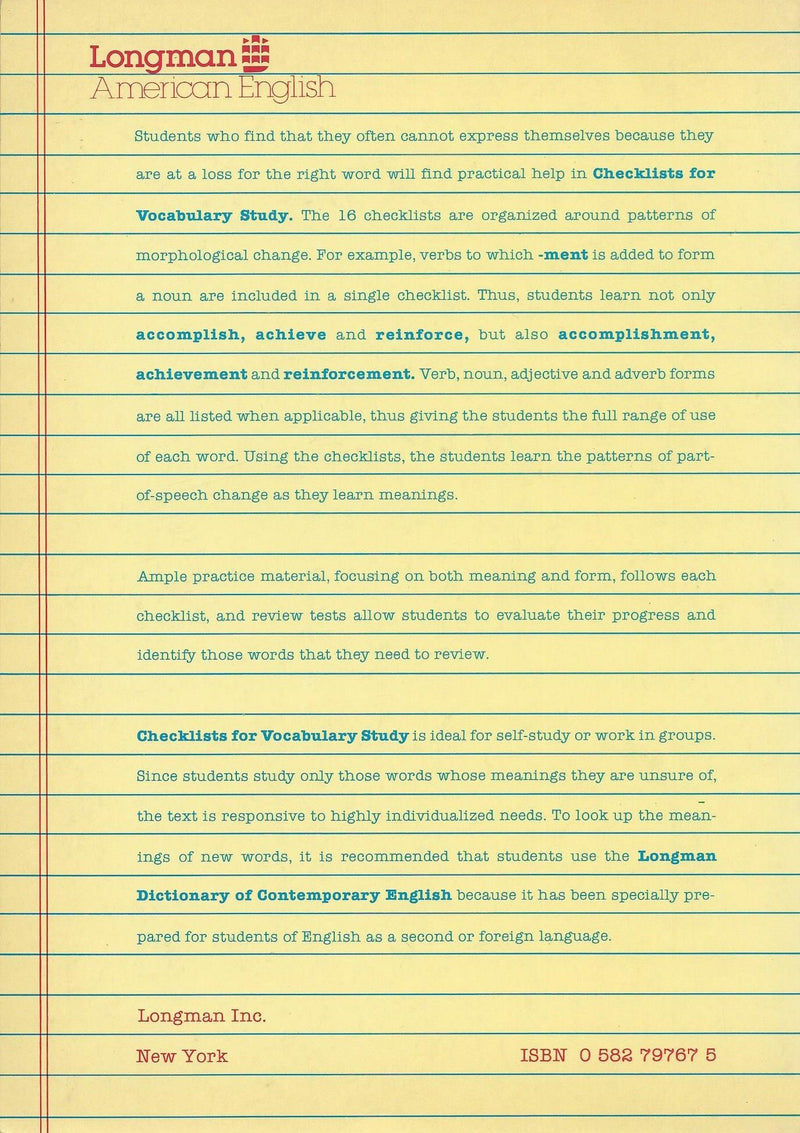 Checklists for Vocabulary Study,Used