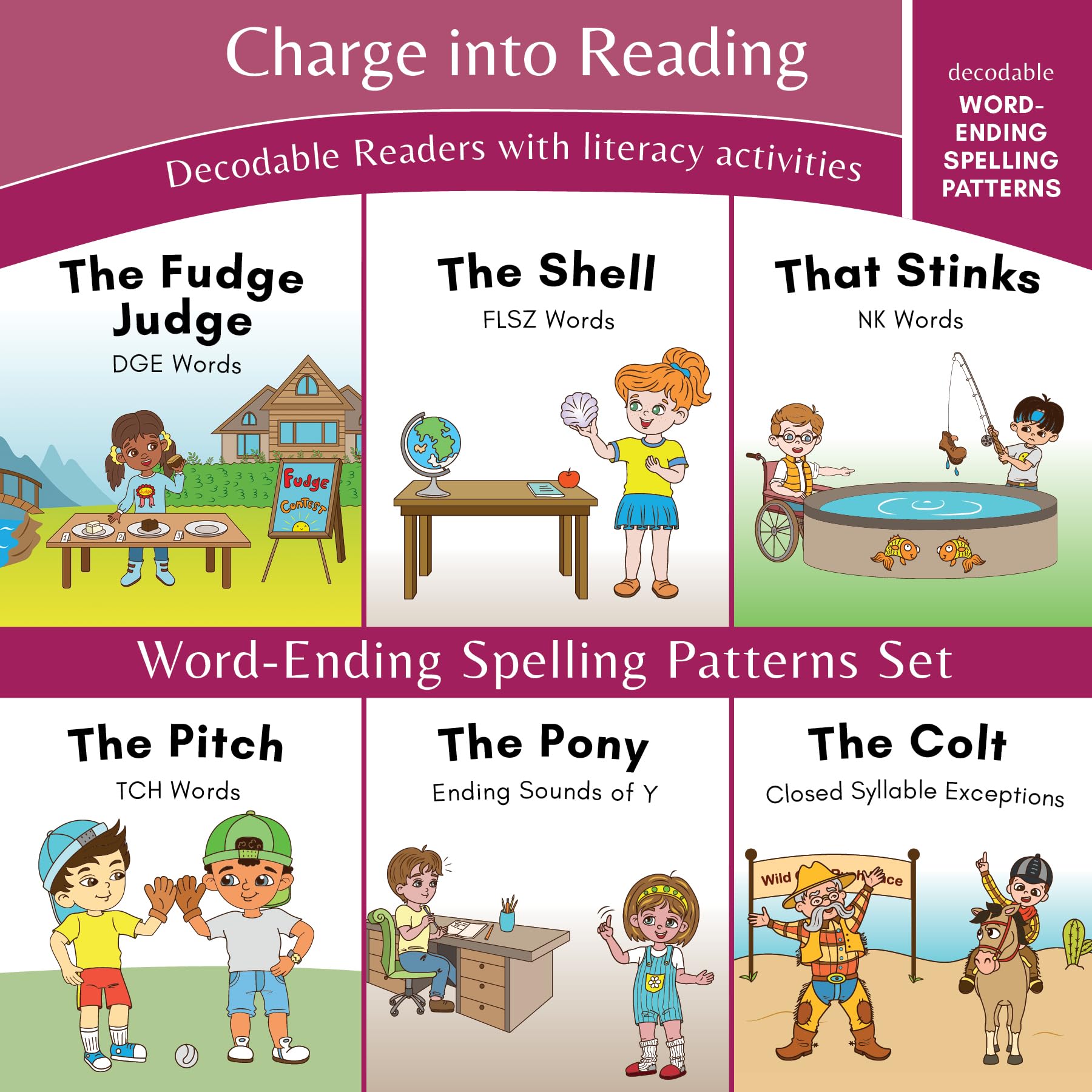 Charge into Reading Decodable Books (Stage 5): 6 WordEnding Spelling Pattern Decodable Readers to Help First Grade Beginning Re