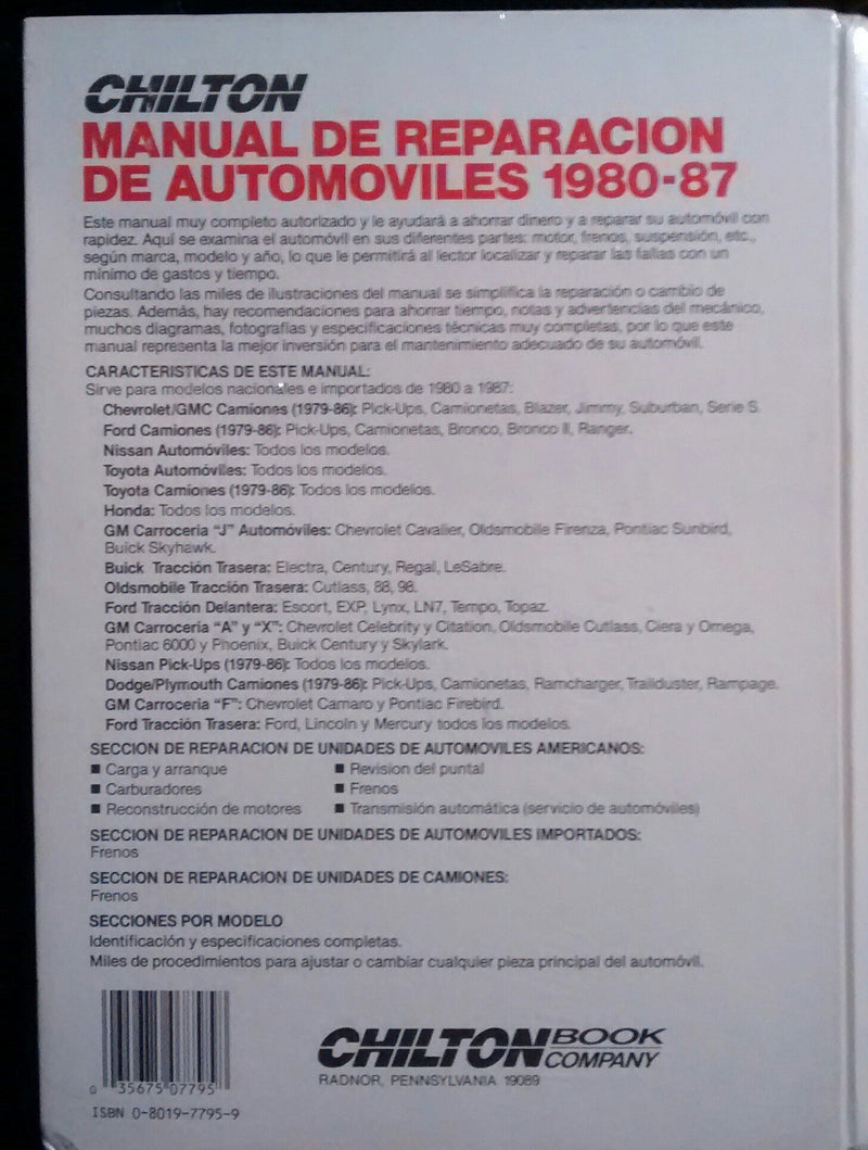Chilton's Manual De Reparacion De Automoviles 198087: Automoviles Y Camiones Nacionales E Importados De 198087 (Spanish Editio,Used
