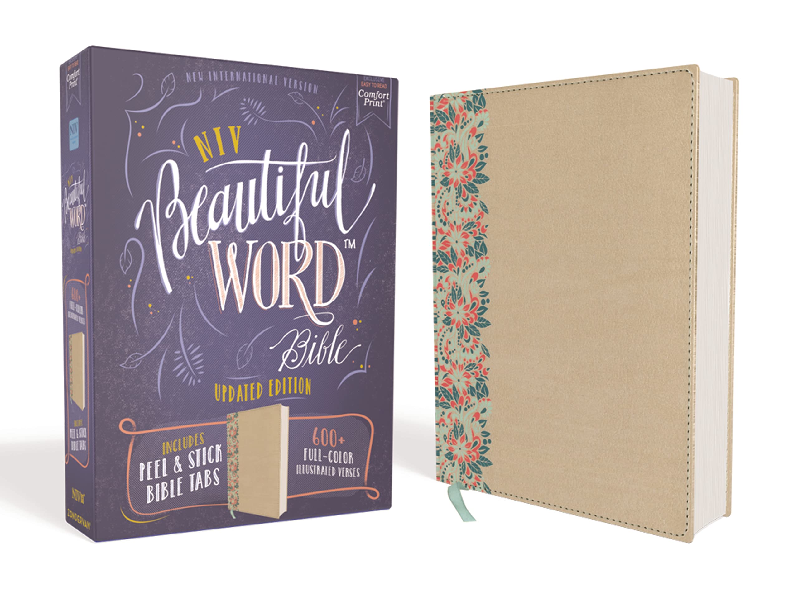NIV, Beautiful Word Bible, Updated Edition, Peel/Stick Bible Tabs, Leathersoft over Board, Gold/Floral, Red Letter, Comfort Prin,Used