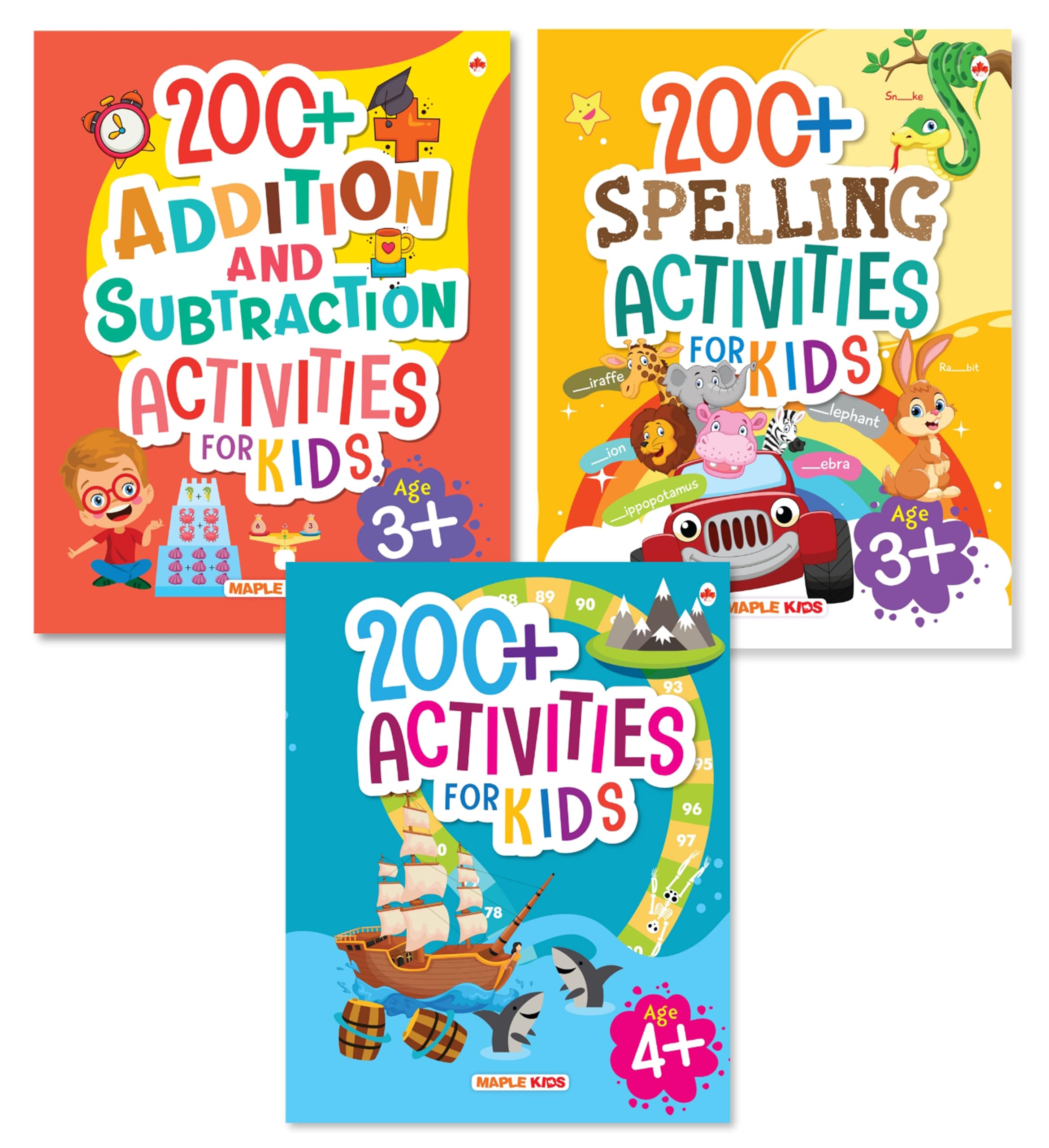 Activity Books For Kids - 200+ Addition And Subtraction, 200+ Spelling, 200+ Brain Boosting Activities 4+ (Set Of 3 Books) - Kids Activity Book - Early Learning - Activities For Children