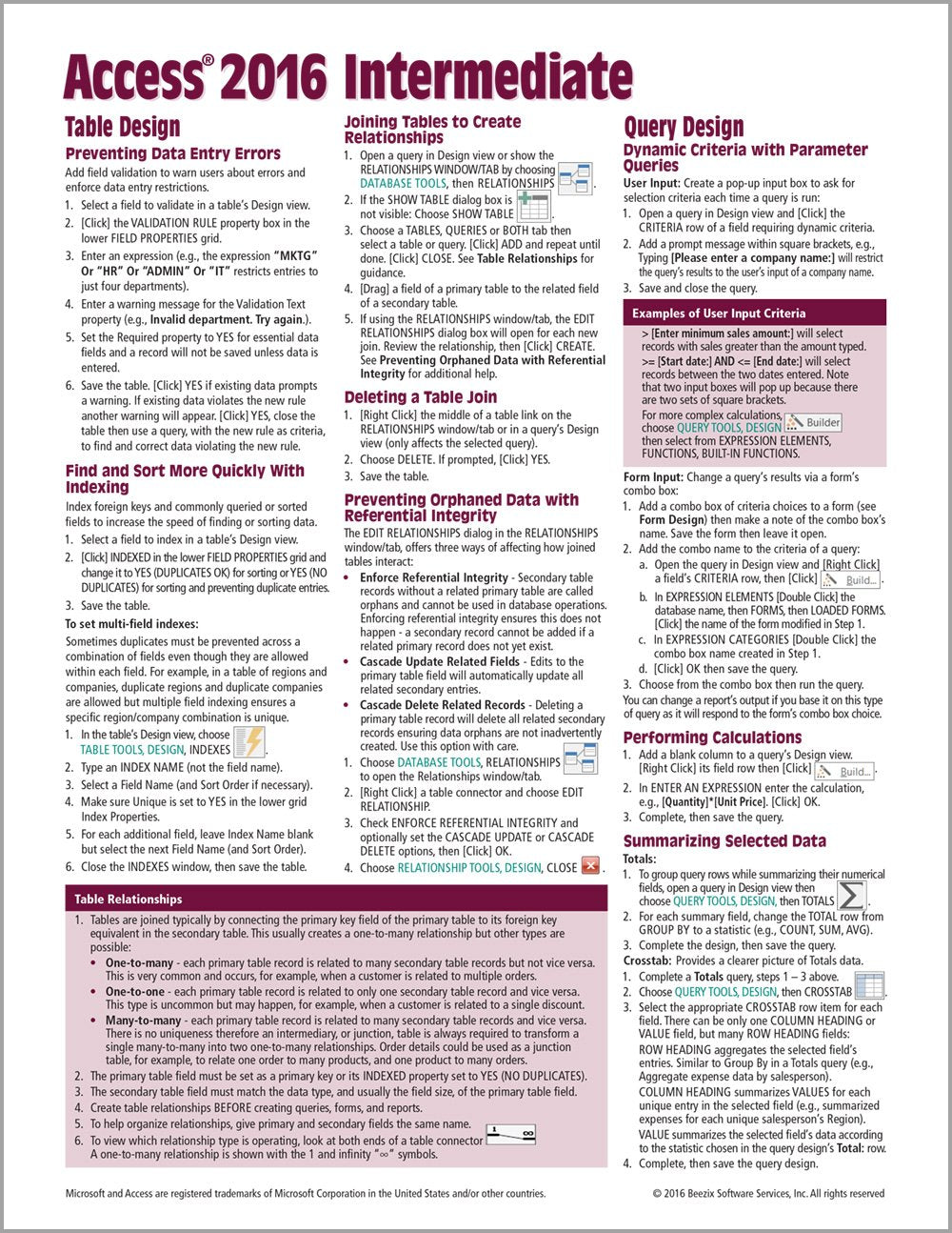 Microsoft Access 2016 Intermediate Quick Reference Guide  Windows Version (Cheat Sheet of Instructions, Tips & Shortcuts  Lami,Used
