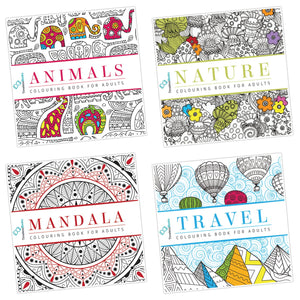 Pack Of 4 Colouring Books For Adult With Tear Out Sheet - Animals, Nature, Mandala And Travel