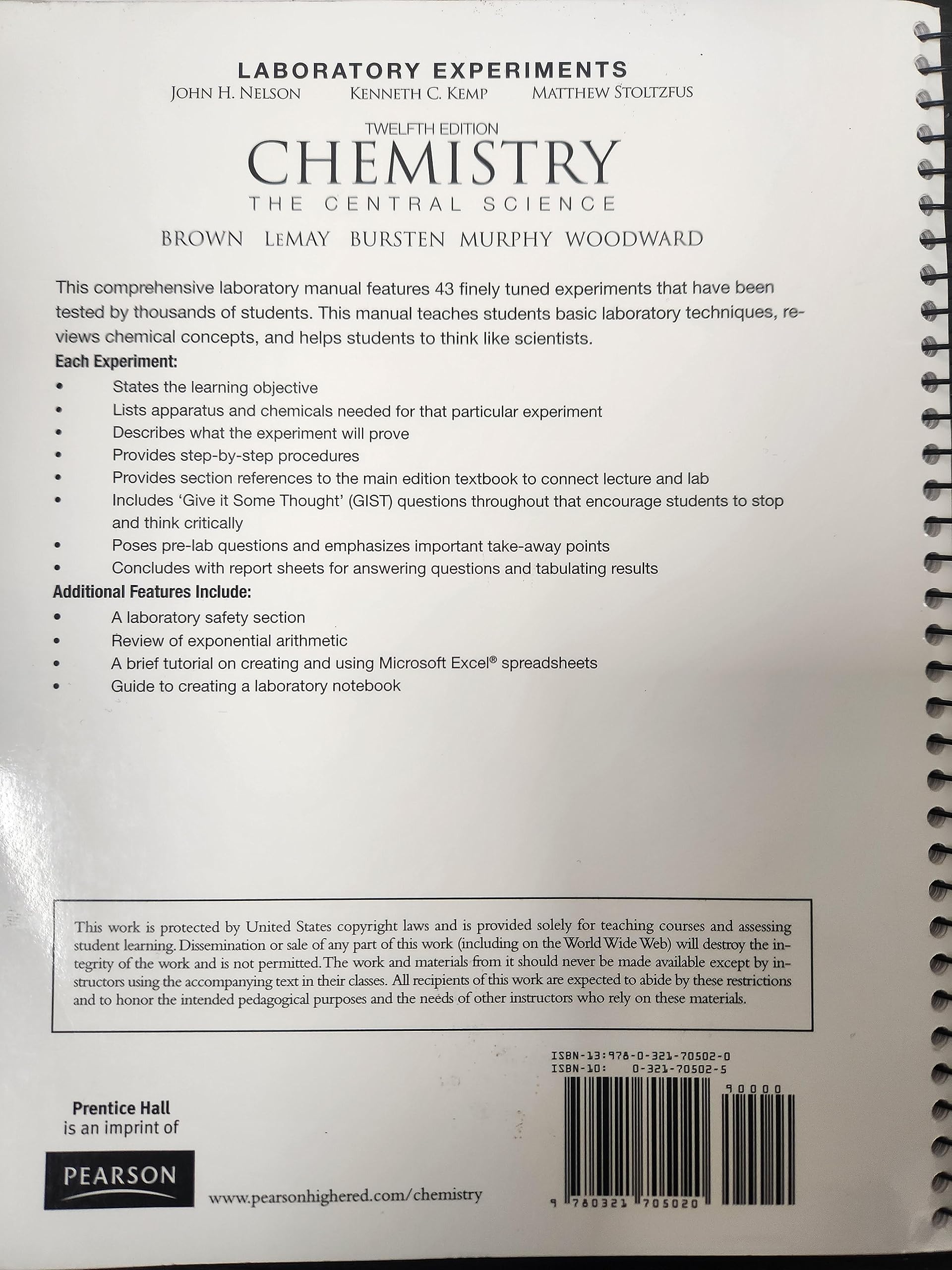 Laboratory Experiments for Chemistry: The Central Science,Used