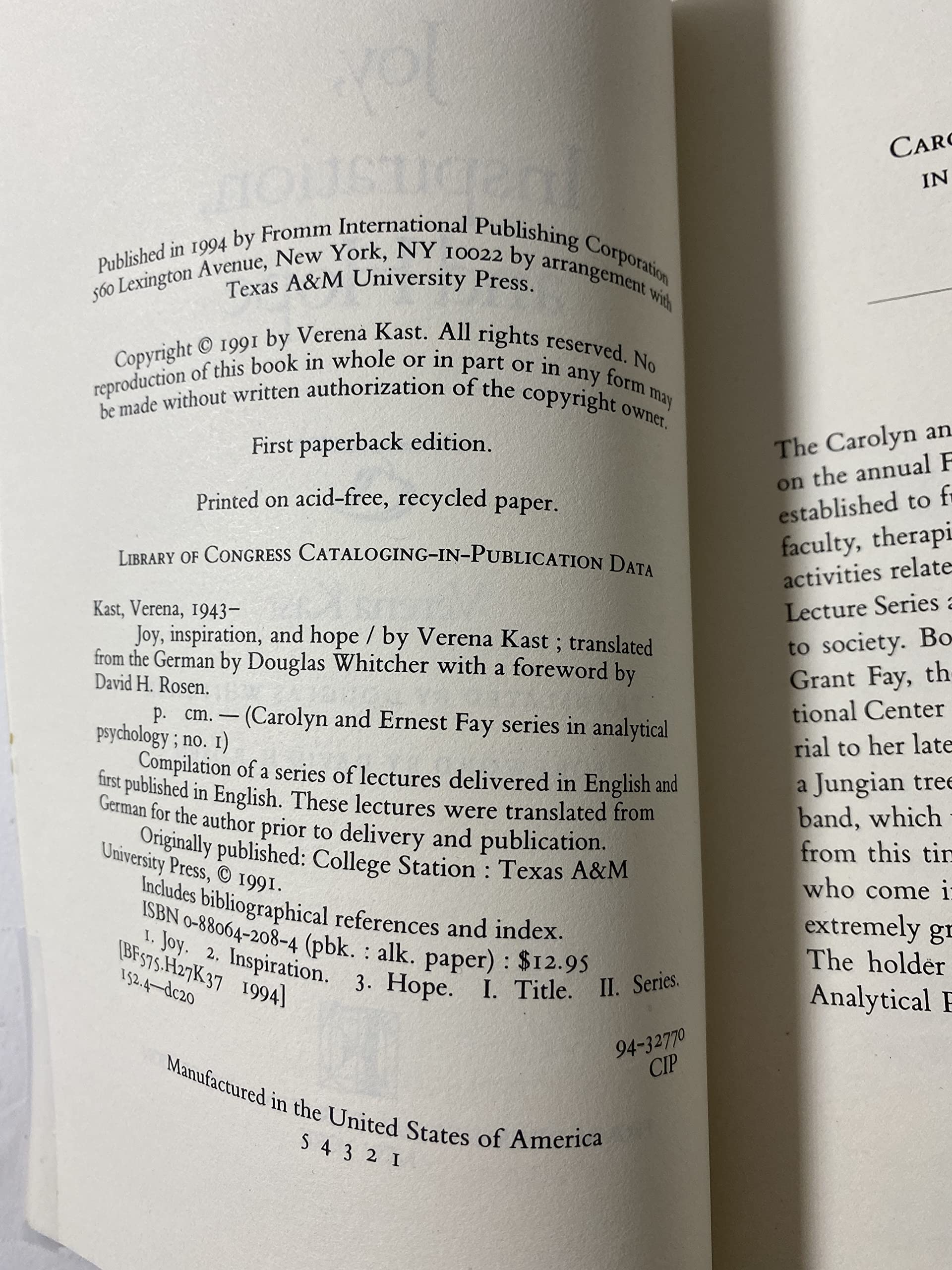 Joy, Inspiration, And Hope (Carolyn And Ernest Fay Series In Analytical Psychology)-new