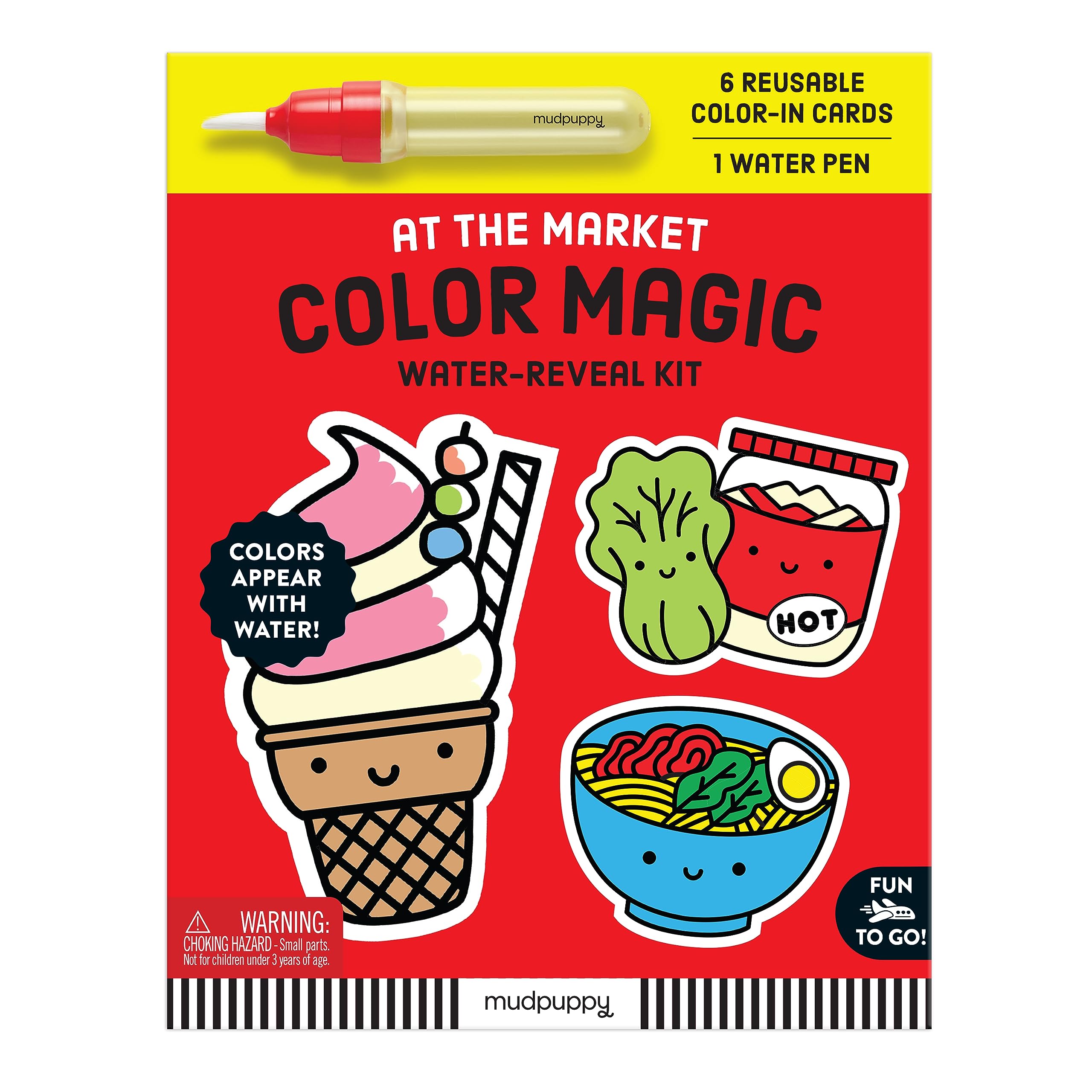 Mudpuppy At The Market  Color Magic WaterReveal Kit With 6 Yummy Food Shaped Reusable ColorIn Cards And Refillable Water Pen