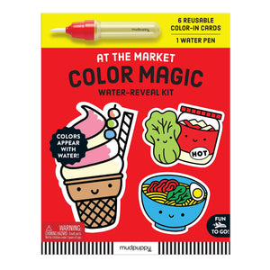 Mudpuppy At The Market  Color Magic WaterReveal Kit With 6 Yummy Food Shaped Reusable ColorIn Cards And Refillable Water Pen