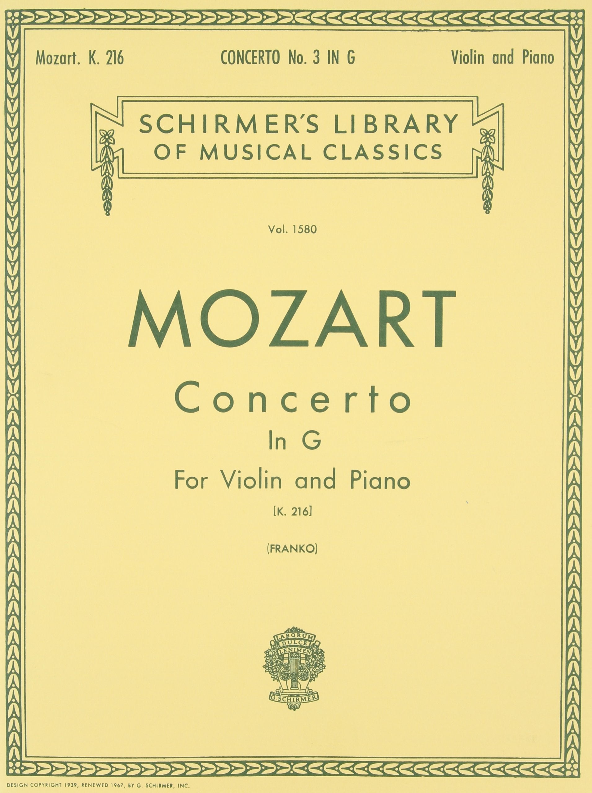 Concerto No. 3 in G: For Violin and Piano, K.216 (Schirmer's Library of Musical Classics)(Vol. 1580),New