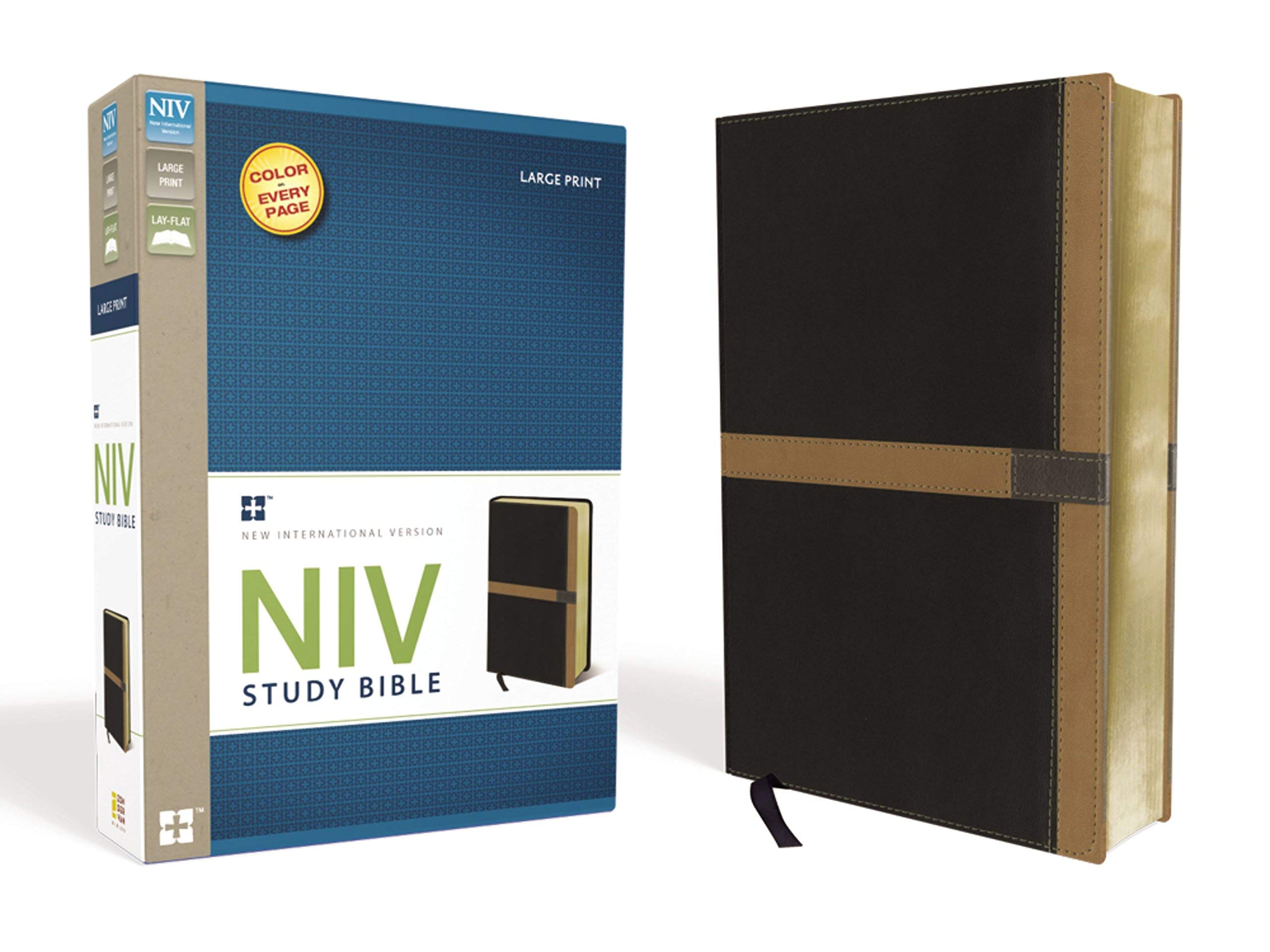 NIV, Reference Bible, Large Print, Leathersoft, Tan/Burgundy, Red Letter Edition,Used