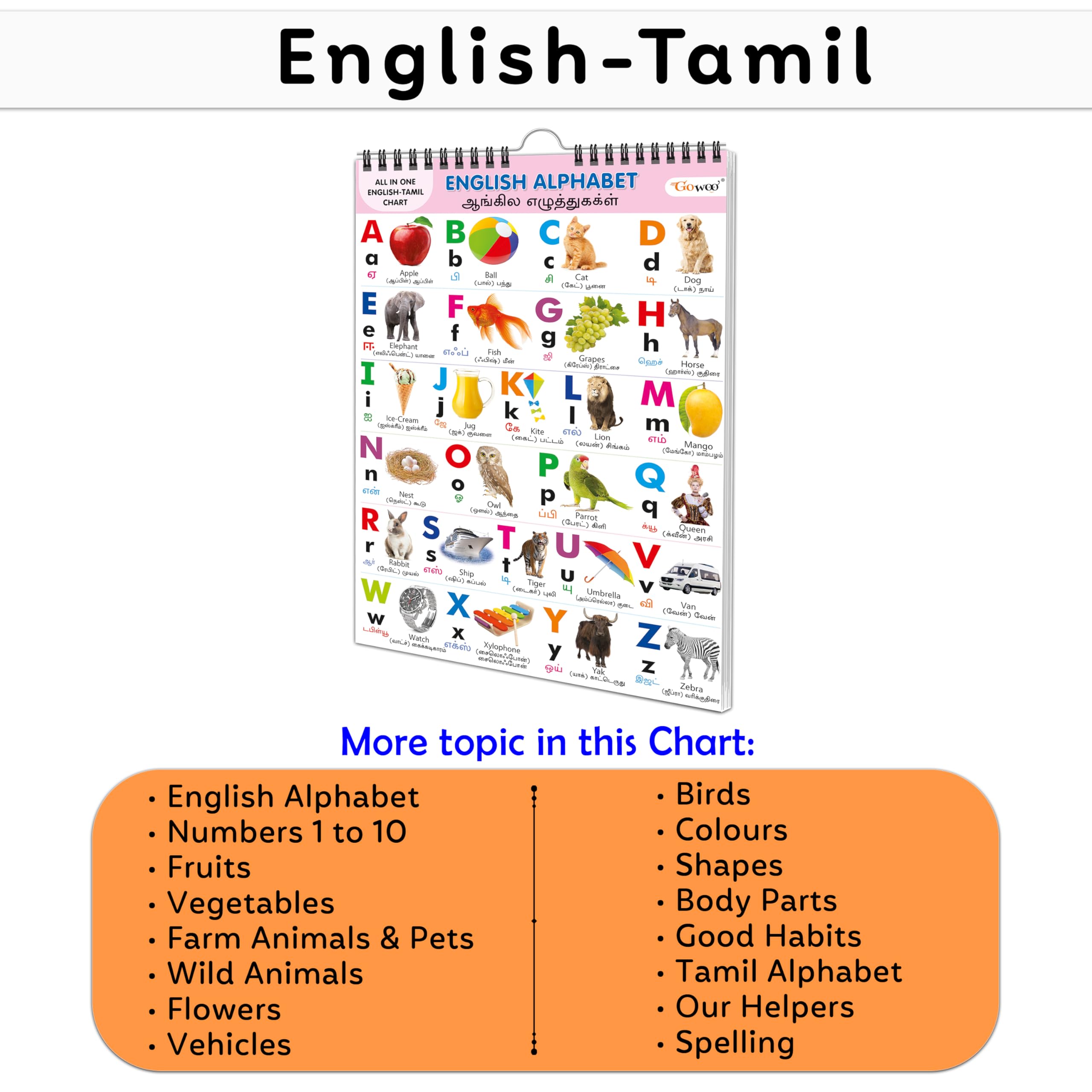 My First All In One Spiral Chart English-Tamil : With 16 Topics : (Big Fonts And Realistic Pictures) Kids Chart