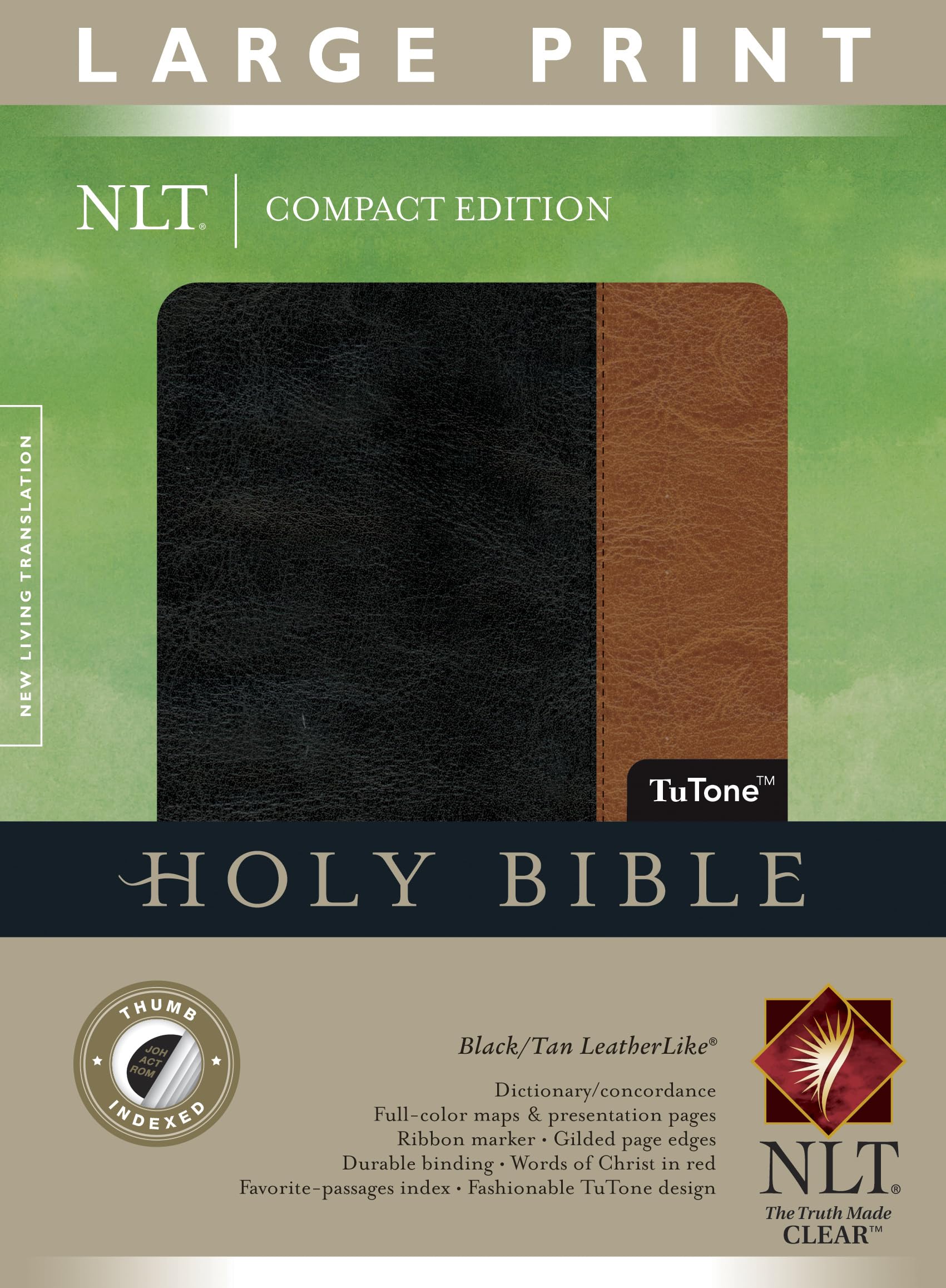 Compact Edition Bible NLT, Large Print, TuTone (LeatherLike, Black/Tan, Indexed, Red Letter),Used