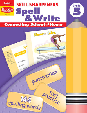 EvanMoor Skill Sharpeners Spell and Write Workbook, Grade 5, 144 Spelling Words, Test Prep, Compound Words, Conjunctions, Gramm,New