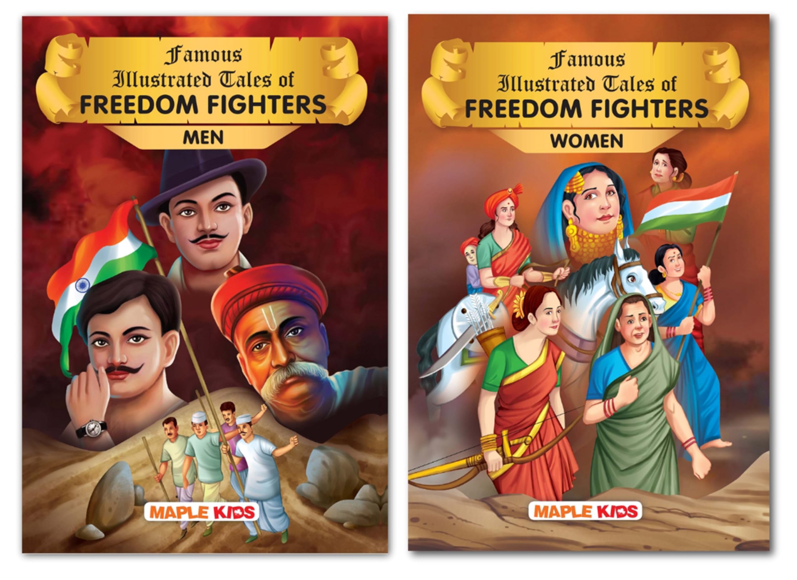 Indian Freedom Fighters (Illustrated) (Set Of 2 Books) - Story Book For Kids - Biographies For Children - Gandhi, Nehru, Bhagat Singh, Azad, Hazrat Mahal, Bijkaji Cama, Rani Laxmibai Etc., - Age 6+