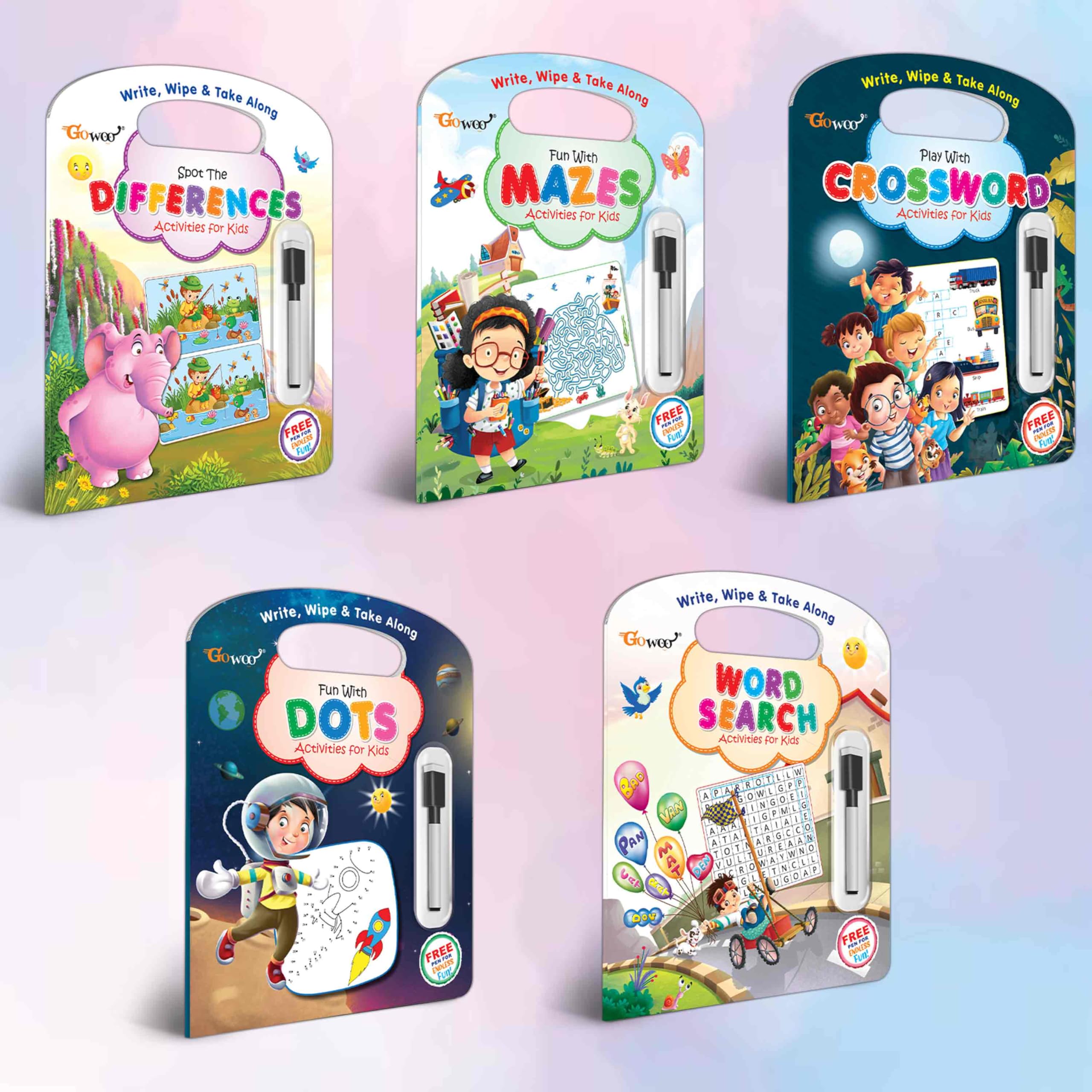 Write, Wipe & Take Along Fun With , Play With Mazes , Spot The Difference , Word Search , Crossword With Pen | Combo Of 5 | Learn & Play Expedition Ensemble