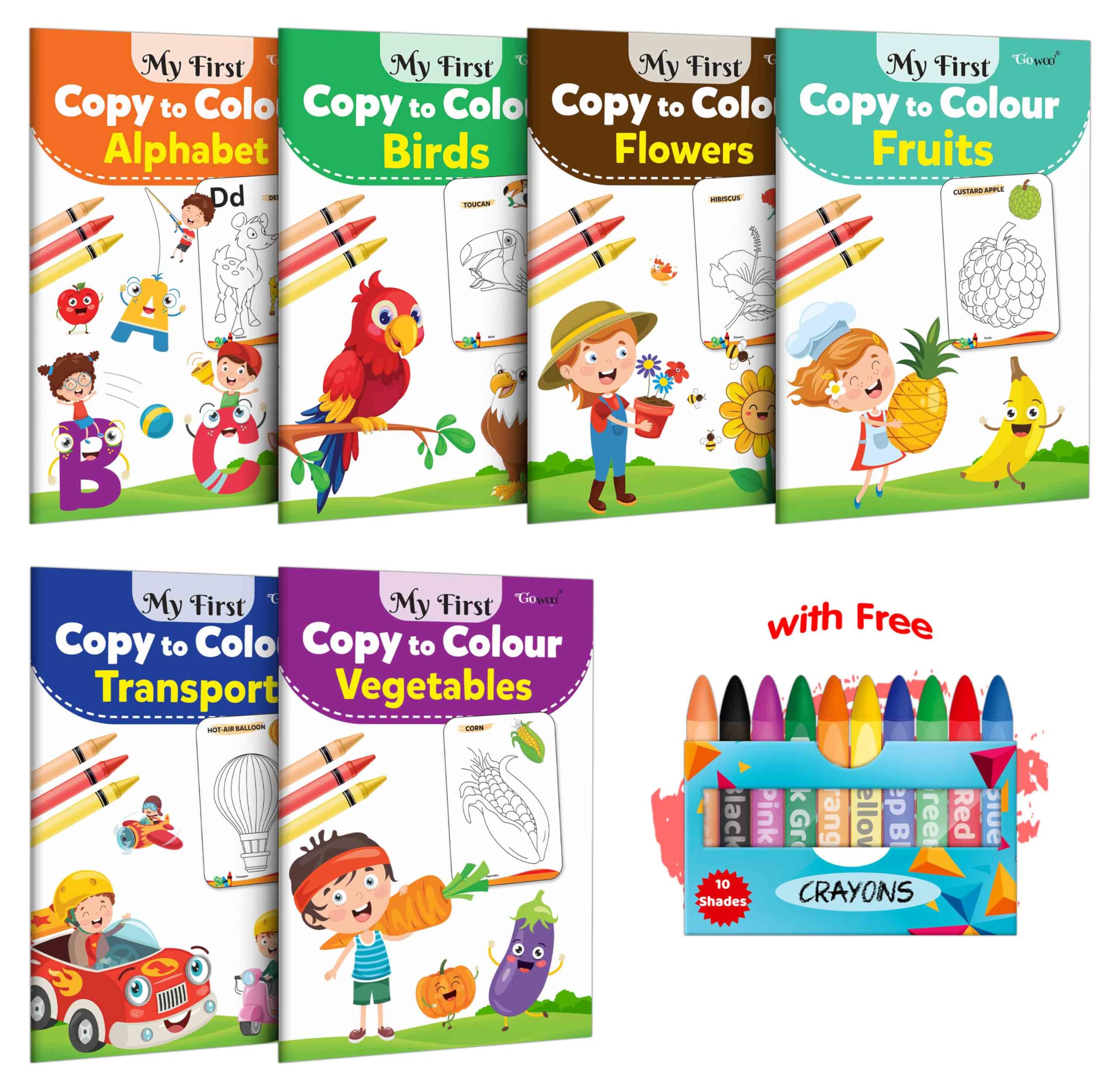 My First Copy To Colour -Alphabet, Birds, Flowers, Fruits, Transport And Vegetables With 10 Wax Crayons :Copy Colouring Book, Colouring Book For Kids, Art Book For Children | Pack Of 6 Colouring Books