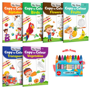My First Copy To Colour -Alphabet, Birds, Flowers, Fruits, Transport And Vegetables With 10 Wax Crayons :Copy Colouring Book, Colouring Book For Kids, Art Book For Children | Pack Of 6 Colouring Books