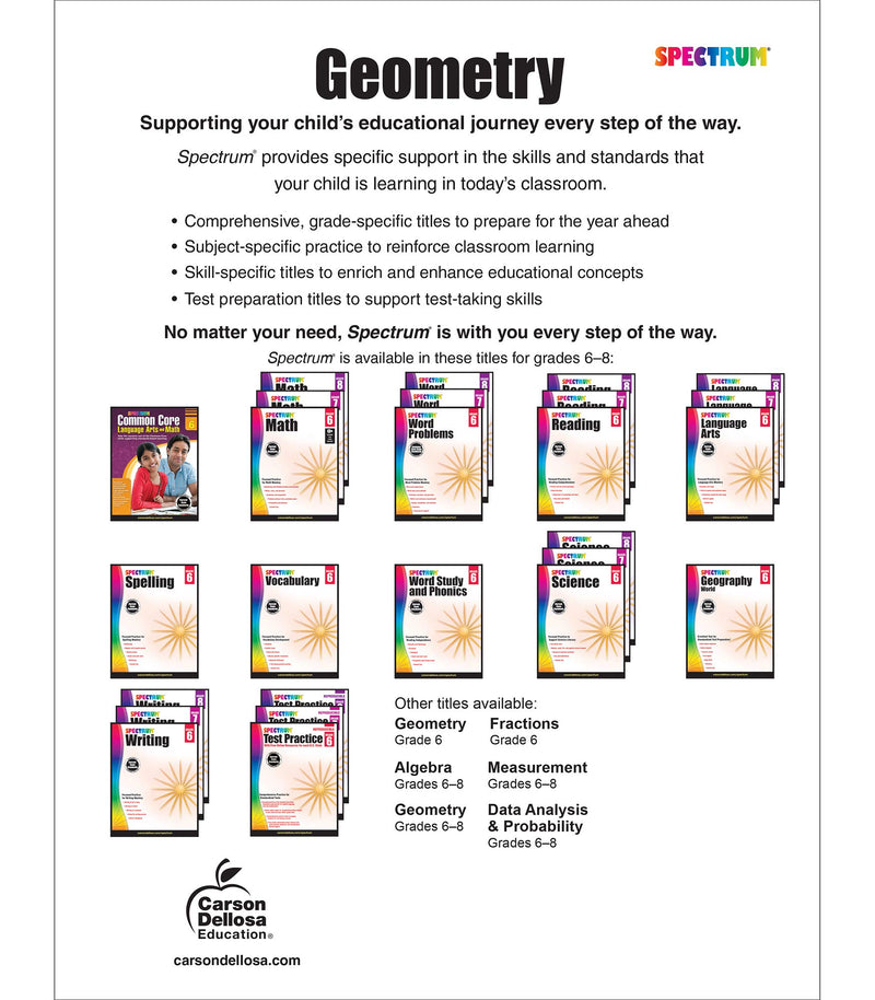 Spectrum Grades 68 Geometry Math Workbook, Mathematics Book for Kids Ages 11 to 14 Covering Geometric Shapes, Perimeter, Area, ,New